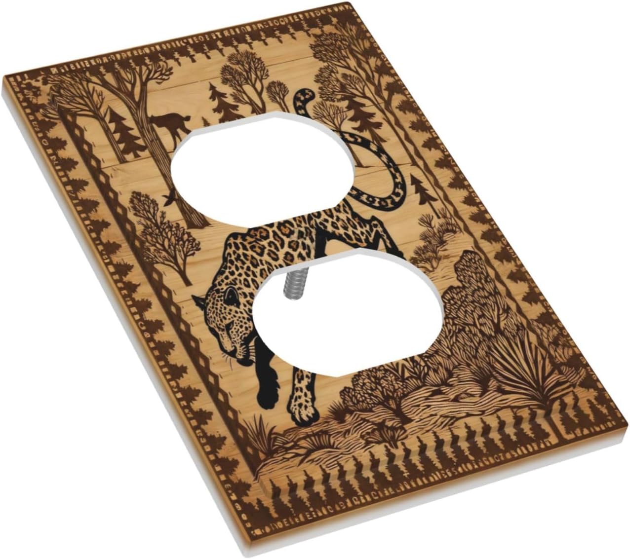 Rustic Brown Wood Grain Leopard Forest Light Switch Cover Duplex Outlet Animal Farmhouse Country Decorative Switchplates Electrical Faceplate Wall Plate for Home Bathroom Kitchen