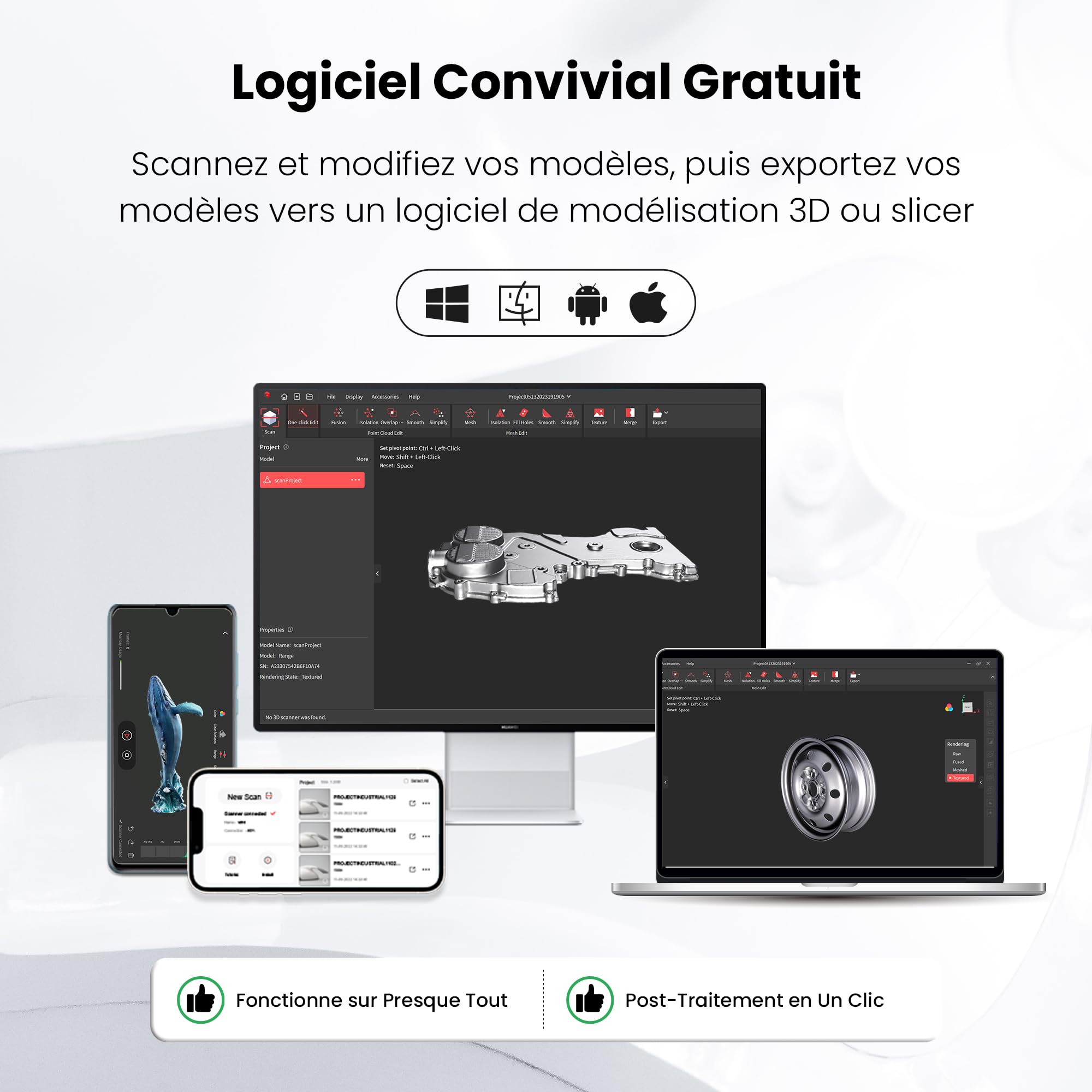 Revopoint INSPIRE Scanner 3D pour impression 3D, portable, vitesse de numérisation jusqu'à 18 fps, précision de 0,2 mm, numérisation 3D pleine couleur, pour Objets moyens