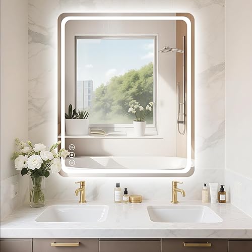 Espejo de baño LED de 30 x 36 pulgadas con luces, antiniebla e iluminación tricolor, espejo de afeitar montado en la pared con sensor táctil, espejo