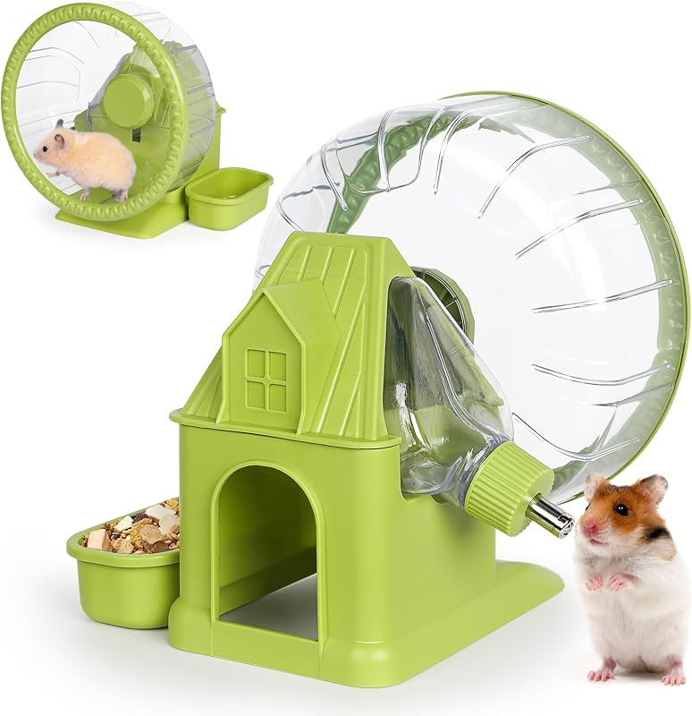 4 in 1 Quiet Hamster Exercise Wheel, Multi Functional Hamster House with Running Wheel, Water Bottle, Food Bowl and Hideout, Small Animals Exercise Running Toys for Hamsters Gerbils Mice, Green