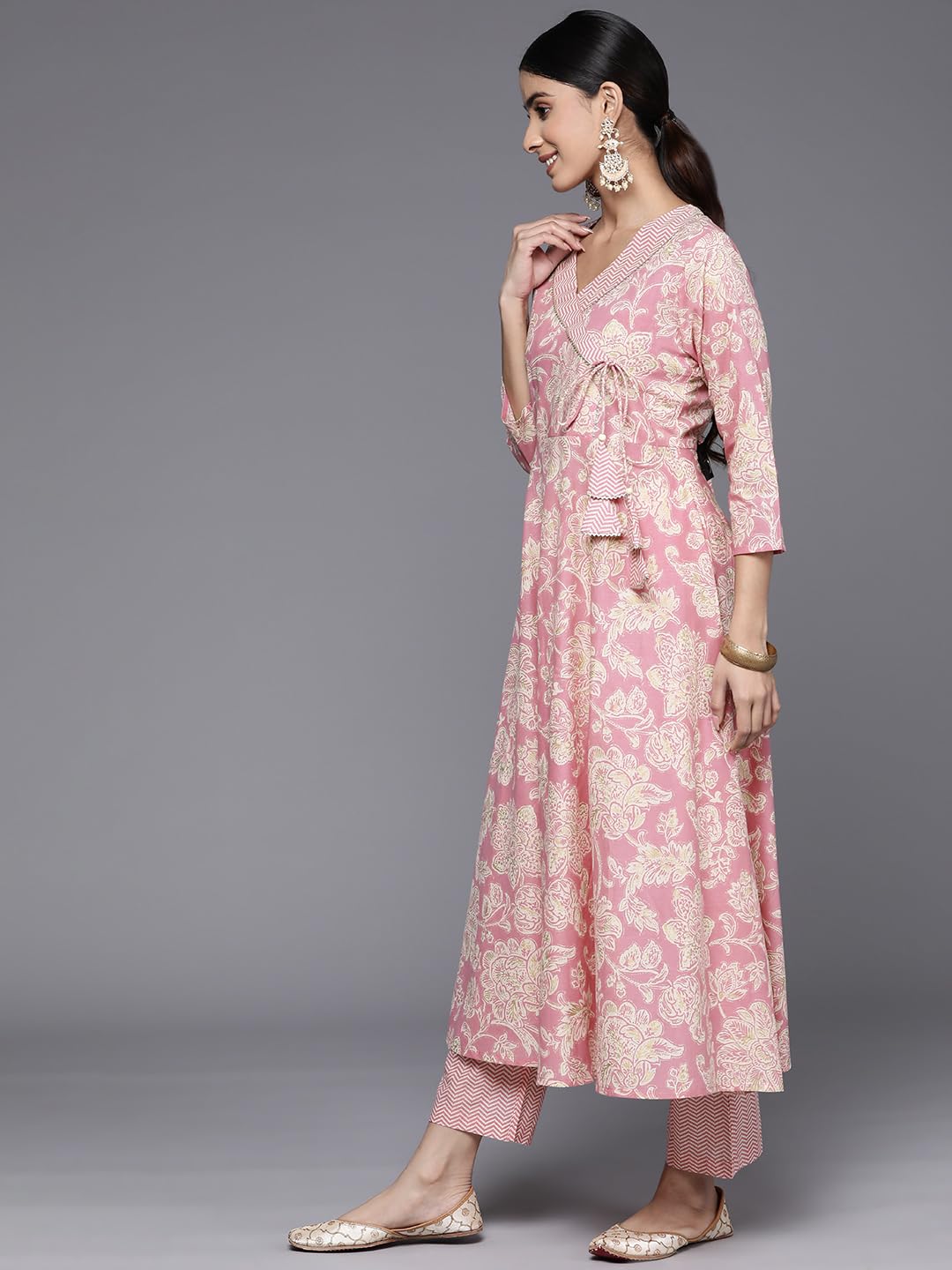 Varanga Women Pink Floral Printed Angrakha Style Anarkali Kurta Paired With Printed Bottom.