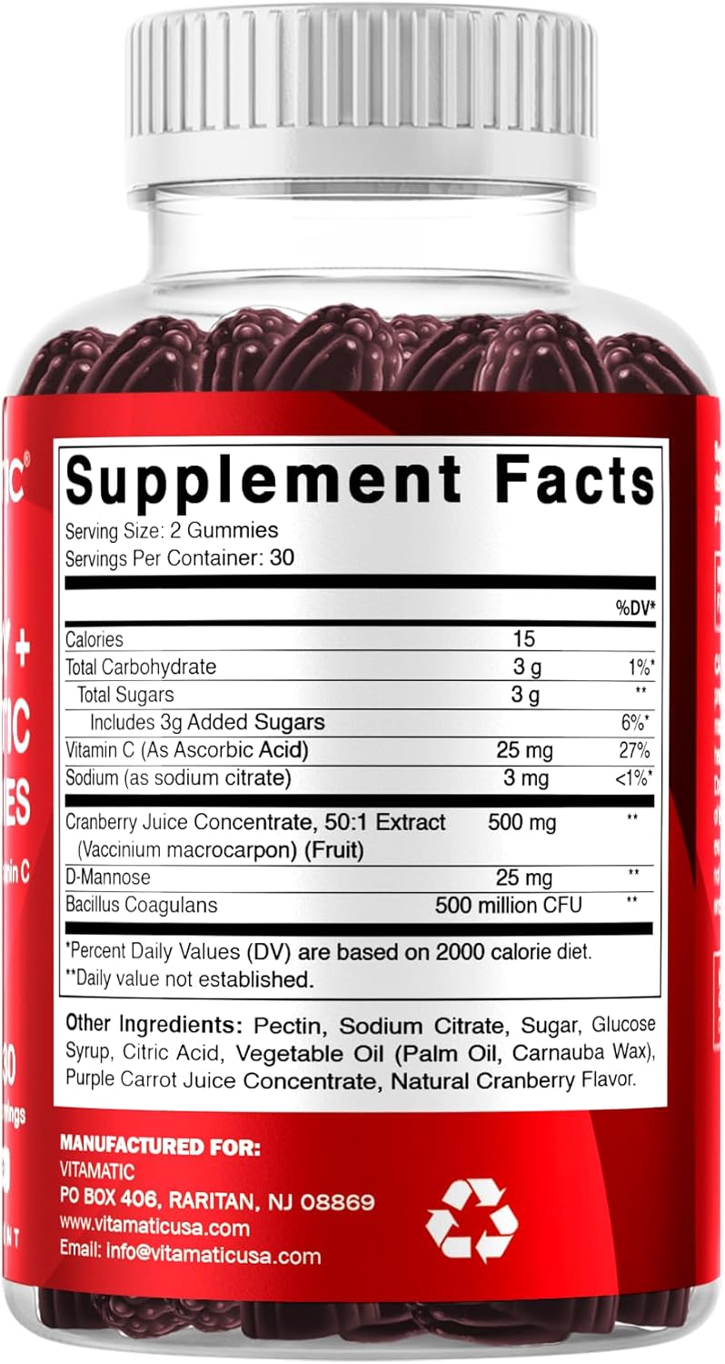 Vitamatic 2 Pack Cranberry Gummies with D-Mannose, Probiotics, Vitamin C – Plant-Based Botanical Extract – Vegan, Non-GMO – 60 Count