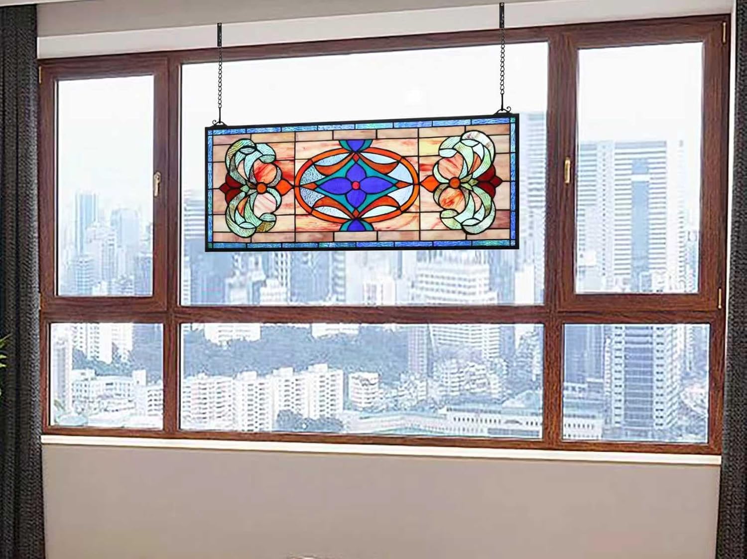 Yogoart Extra Large Horizontal Blue Victorian Stained Glass Window Panels Hanging Transom Window Panels (30" X 12")