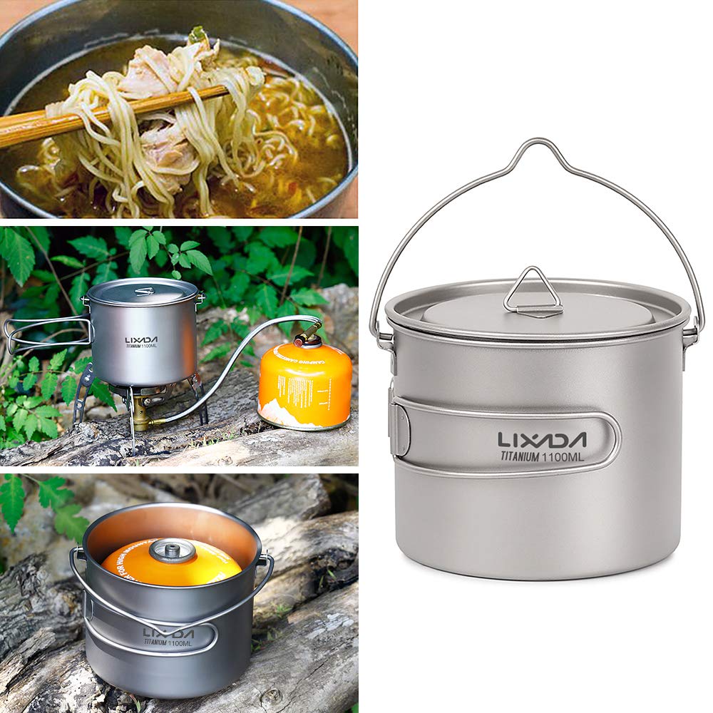 Lixada Lekki tytanowy pojemnik 750/900/1100 ml ze składaną łyżką, na biwak na świeżym powietrzu, piesze wycieczki i pikniki