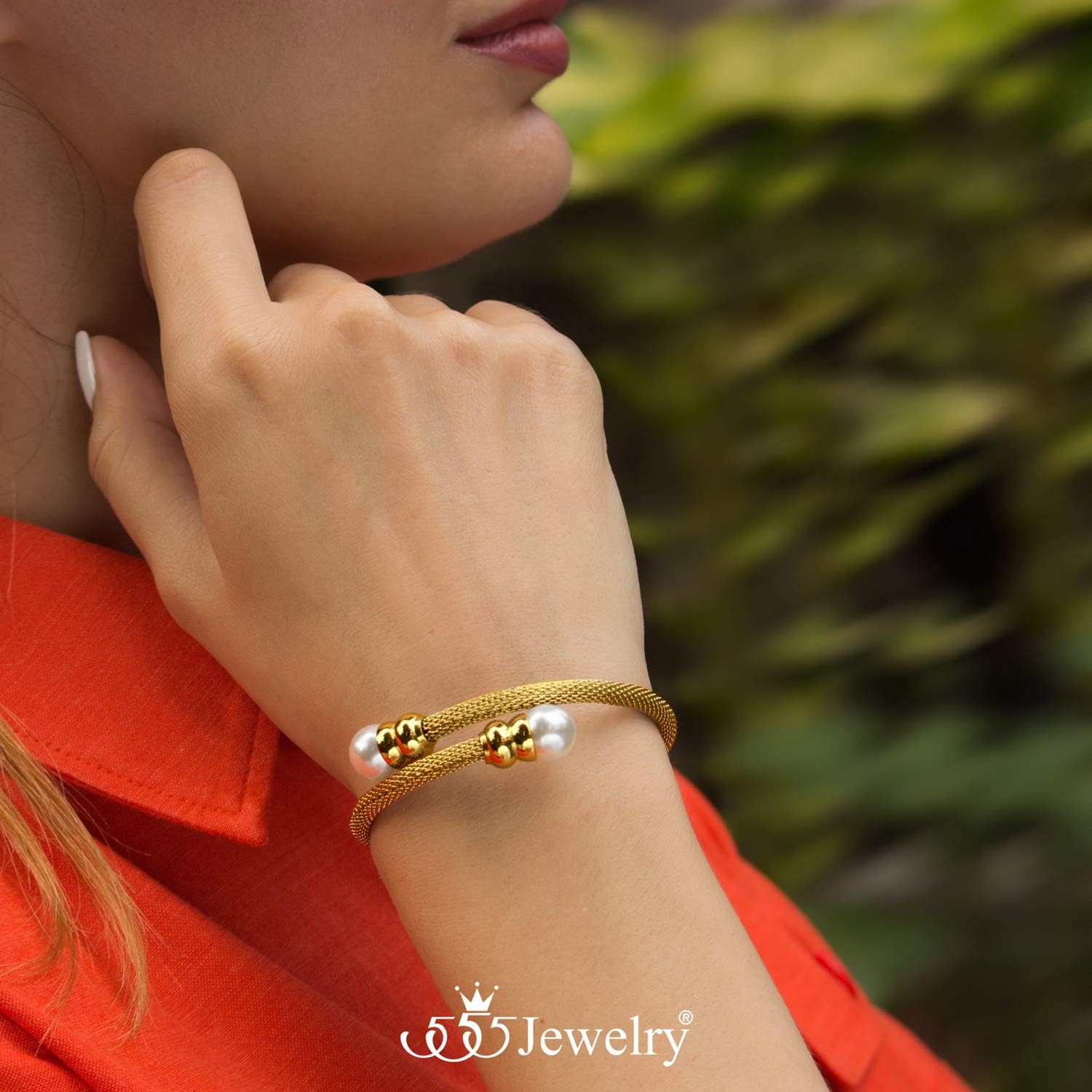 555Jewelry Adjustable Twisted Cable Wire & Pearls Bangle Bracelet Cuff for Women - Image 2