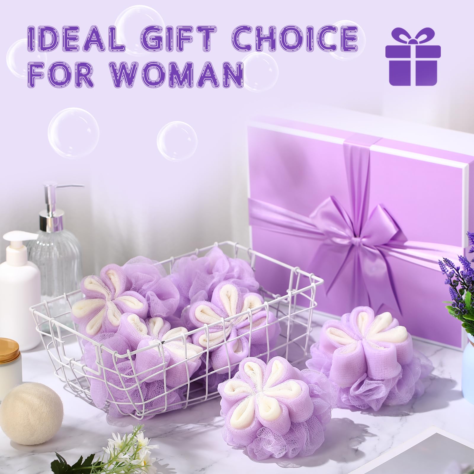 FuWeave 6 esponjas exfoliantes de lufa morada, 50 g, forma de flor, para ducha, esponjas, esponjas de ducha, esponjas de malla, esponja de lavado corporal para mujeres, regalos de baño, regalos de spa