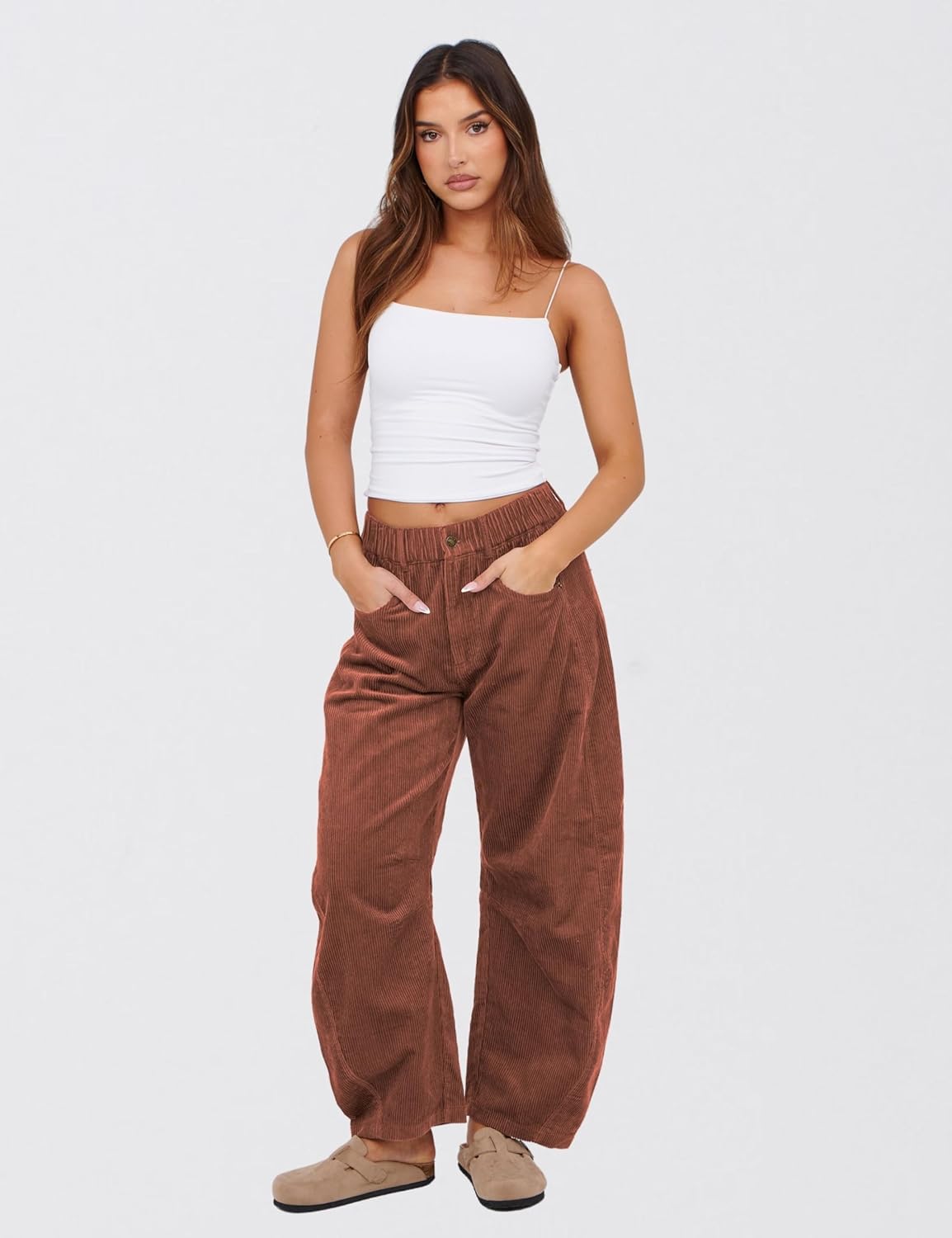 SeekMe Women's Corduroy Pants Barrel Mid-Rise Elastic Waist Cord Pants Casual Wide Leg Baggy Trouser with Pockets - Image 3