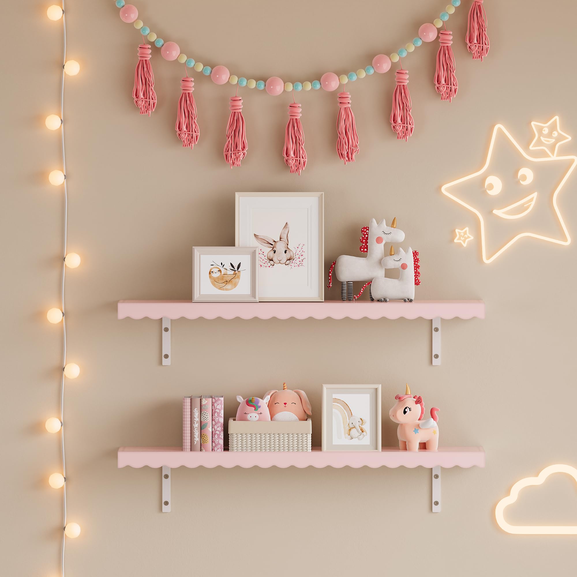 [en.casa] Set de 2 Estantes Flotantes Infantil Vestnes Baldas de Pared con Borde Elevado y Ondulado Librería Dormitorio para Niños Habitación Infantil 80 x 17 x 4 cm Rosa - Algodón de azúcar
