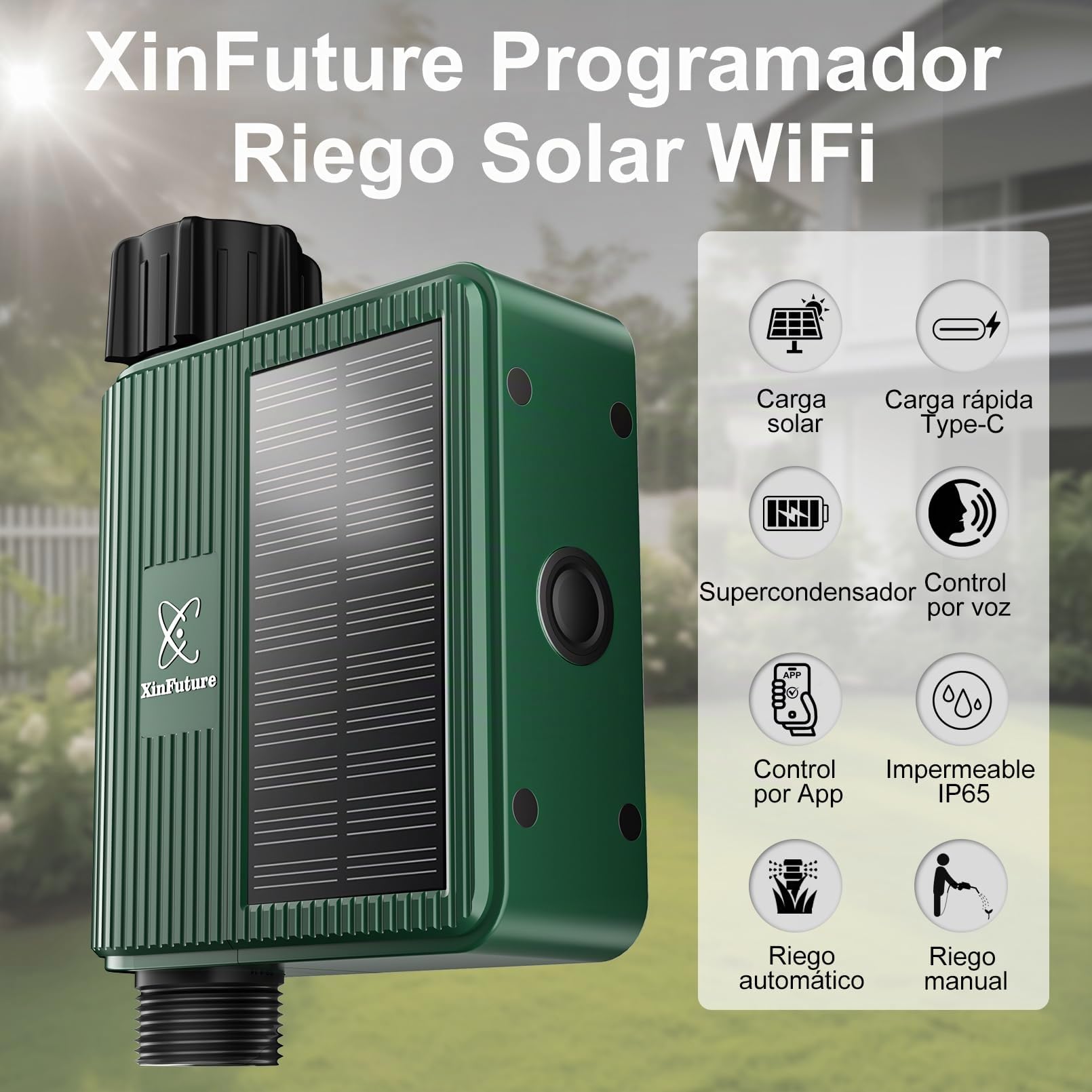 Programador de Riego Solar, Programador Riego Automatico WiFi, Temporizador Riego pour Jardín, Riego Programado y Racionado, Fácil Instalación, Mando a Distancia, Compatible con Alexa para Patio