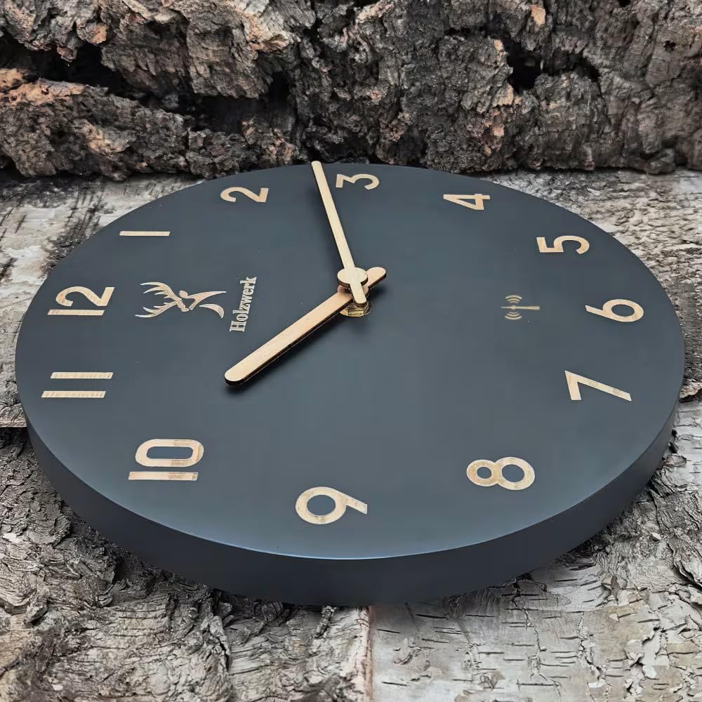Holzwerk Bamberg (Funk) Natur Holz Funkwanduhr Funk Wanduhr Holz-Uhr Vintage Funkuhr lautloses Uhrwerk ohne Tickgeräusche Grau lautlos aus handgefertigtem Massivholz Natur 25 cm