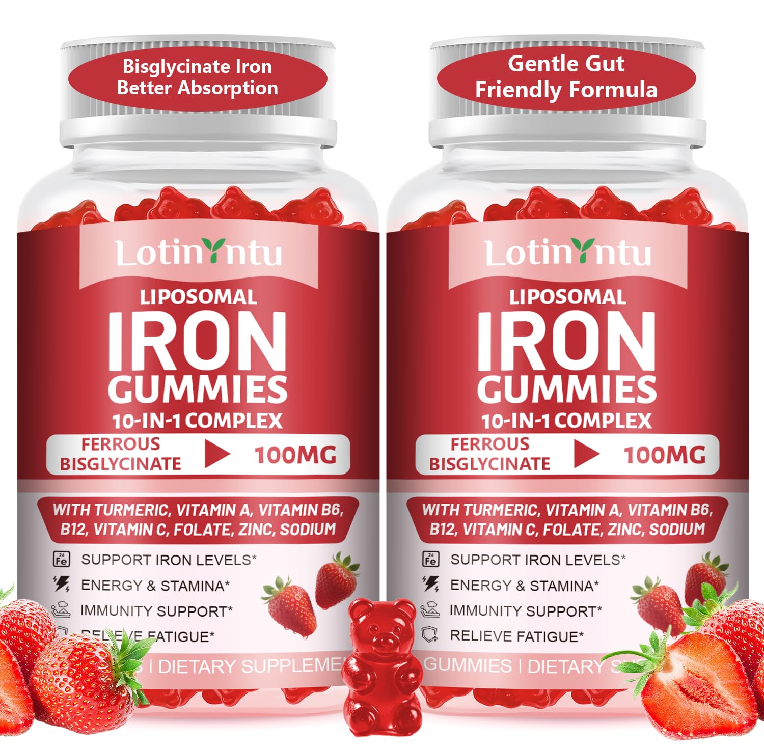 2 Pack 100MG Iron Bisglycinate Gummies 10-in-1 Ferrous Bisglycinate for Women ＆ Men Plus Vitamin C, Vitamin B6 B12 for Iron Deficiency, Support Iron Levels, Energy & Stamina, Immunity Support 60 Count (Pack of 2)