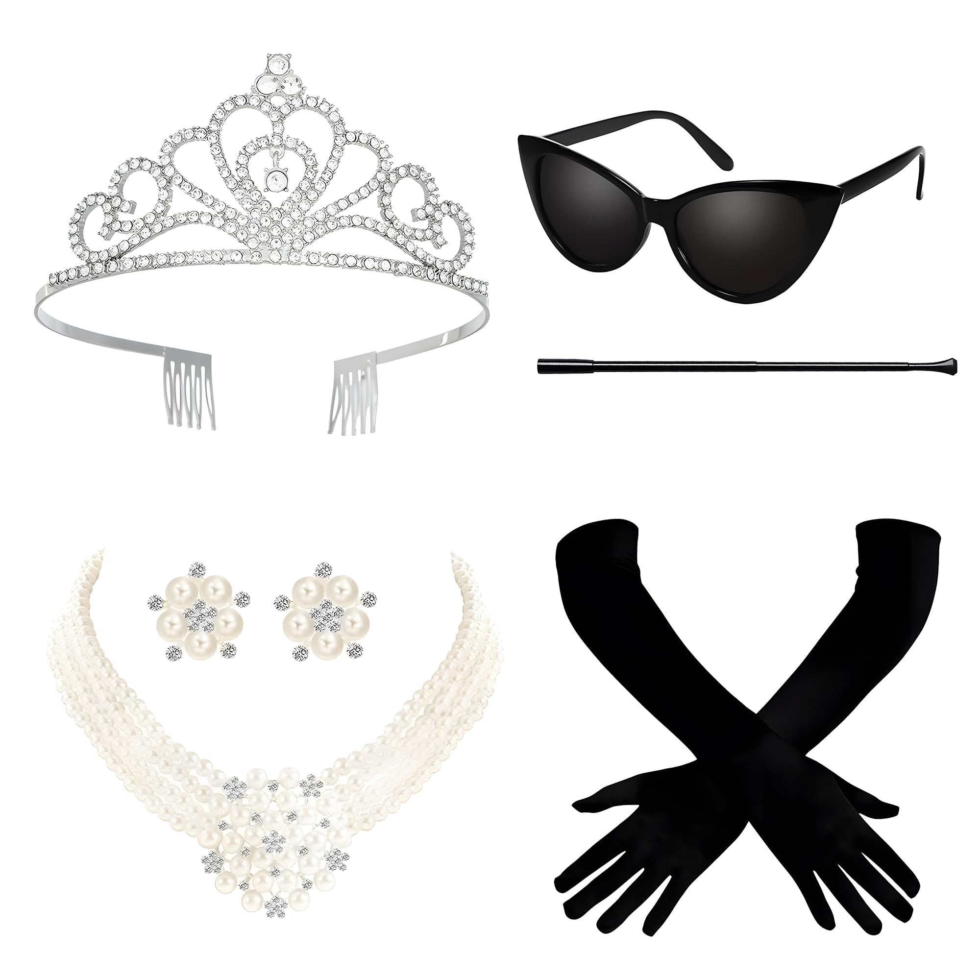 cadelon 6-Piece 1920s Retro Accessories Set for Women: Vintage Crown, Necklace, Earrings, Gloves, Sunglasses & Stand