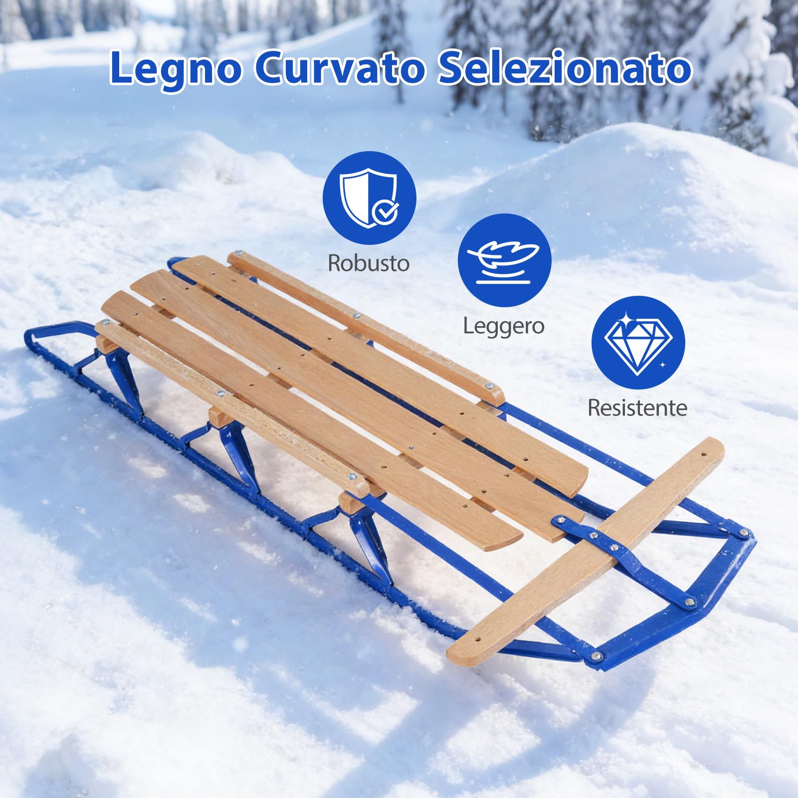 COSTWAY Slittino da Neve, Slittino per Bambini e Adulti con Barra di Direzione, Fori Preforati e Maniglie, Slitta da Neve in Legno e Metallo Vernicato, Carico Massimo 150 kg