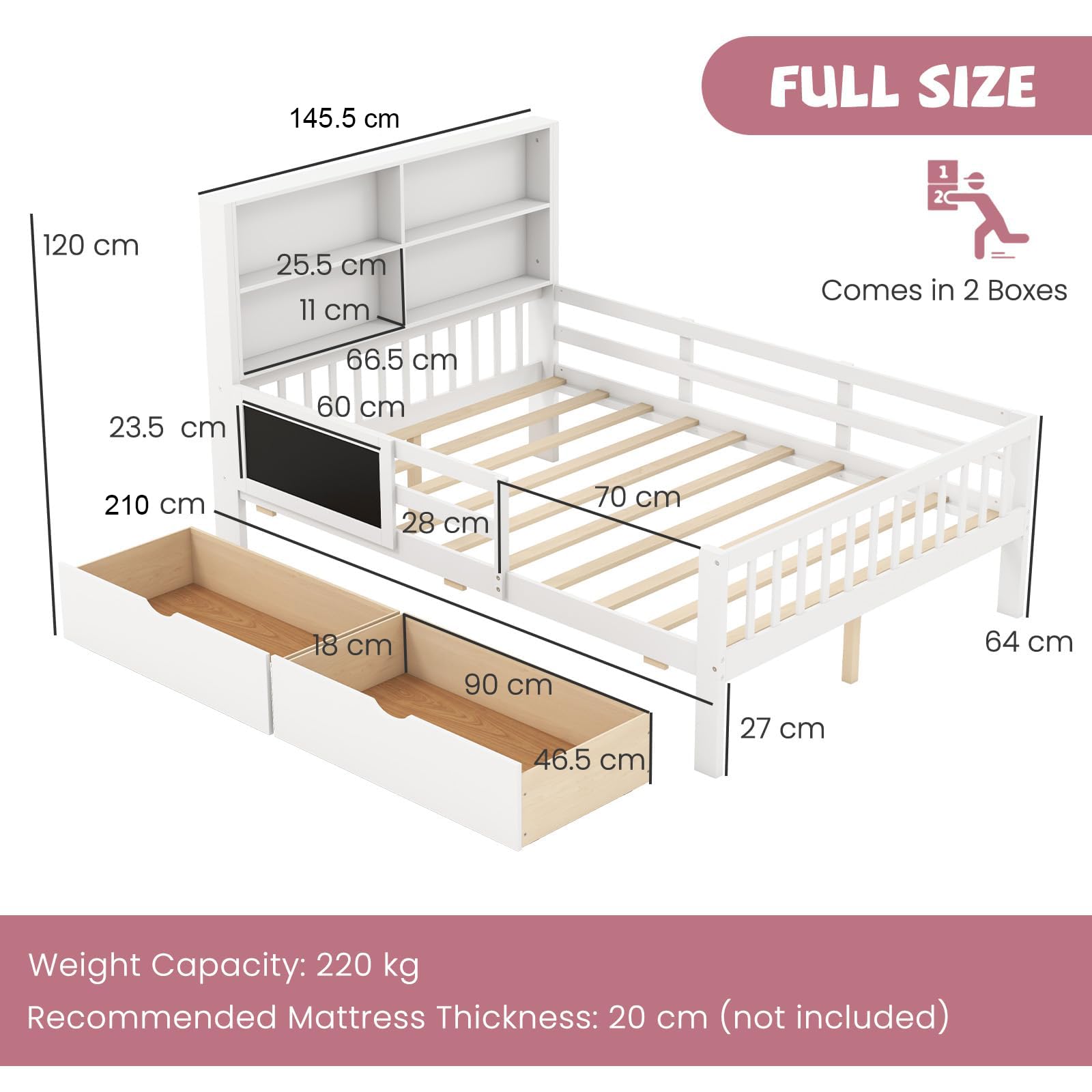 GIANTEX Kinderbett 140x200 cm mit Bücherregal & Tafel, Doppelbett mit Stauraum, Jugendbett mit 2 Schubladen, Plattformbett Bettgestell mit Rausfallschutz & Lattenrost, Holzbett für Kinder, Weiß