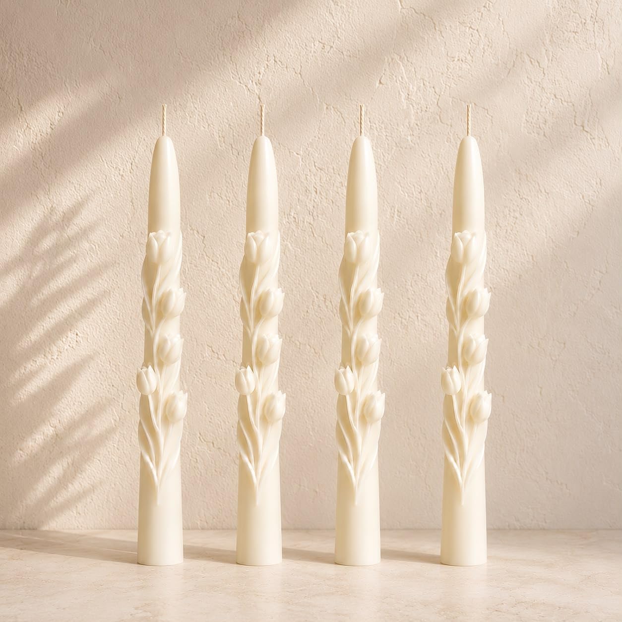Ivory Tulip Taper Candles with Embossed Floral Design Set of 4 | Handmade, Unscented, Wedding & Dining Decor, Decorative Tapers, Home Decor-image-49
