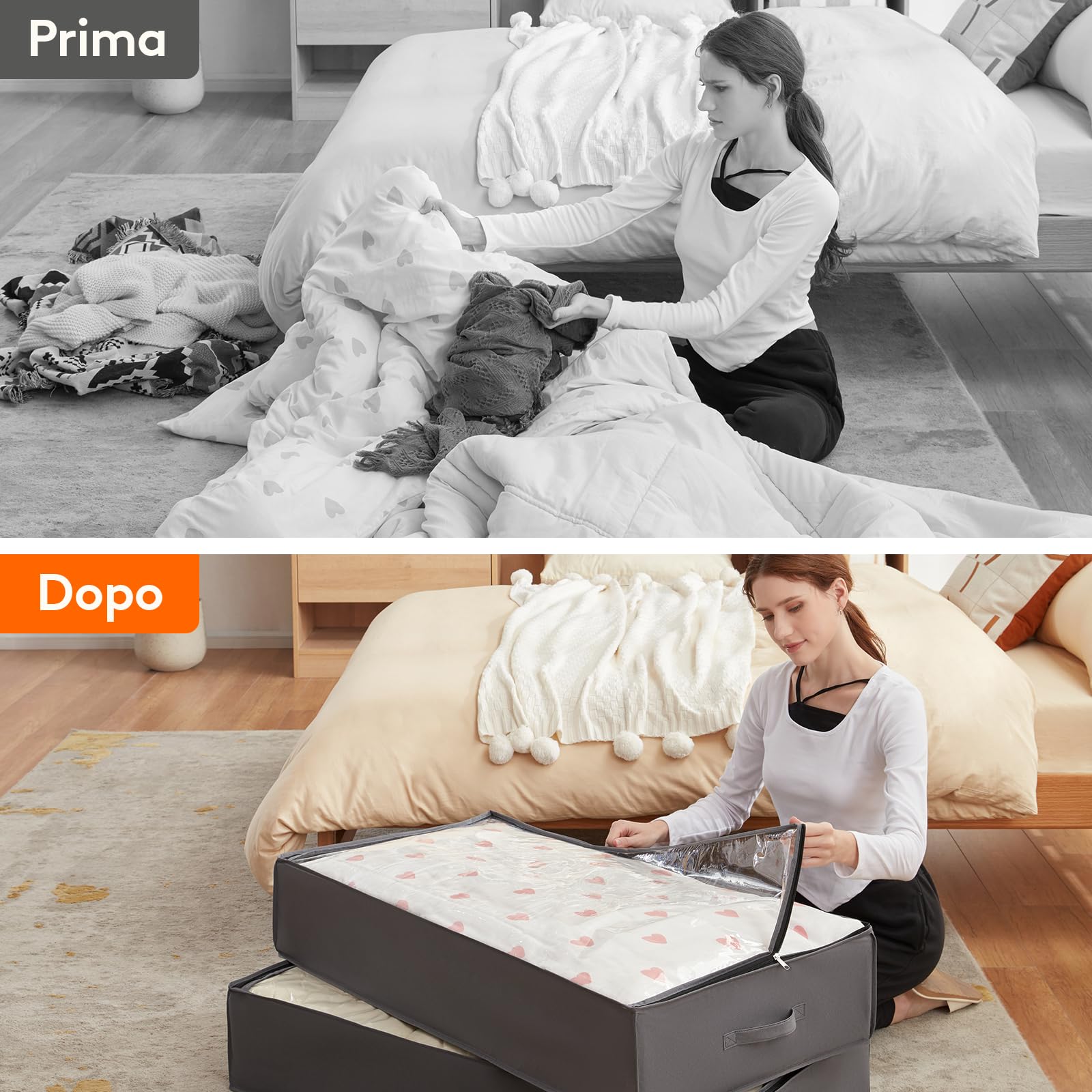 Lifewit Confezione da 4 Contenitori Portaoggetti Sottoletto per Coperte con Maniglia Rinforzata, Organizer per Piumoni, Lenzuola, Vestiti per Camera da Letto, Armadio, Grigio