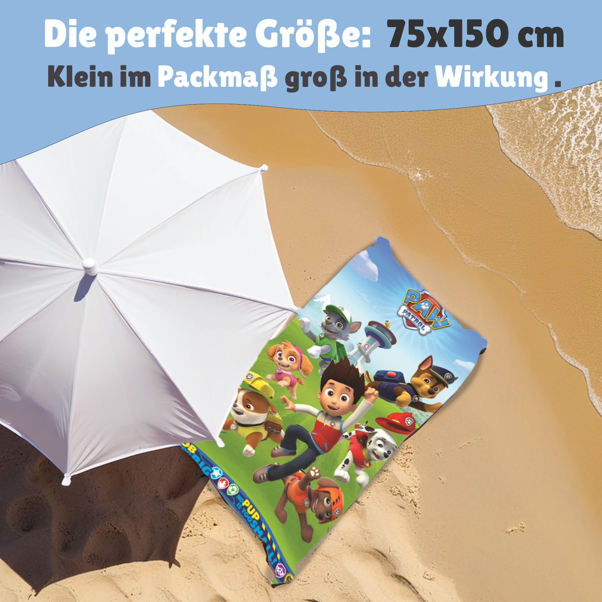 Familando – Paw Patrol Strandtuch Kinder 75x150 cm – Badetuch & Duschtuch aus 100% Baumwolle – mit Ryder, Marshall, Skye & Pups – Öko-TEX Zertifiziert