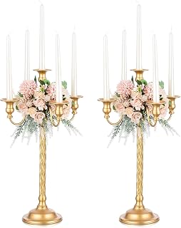 Romadedi Candelabra Gold Candle Stand: 28" Tall 5-Branch Candlestick Holder for Wedding Centerpiece Decor Christmas Holiday Event Reception Decoration, 3Pcs