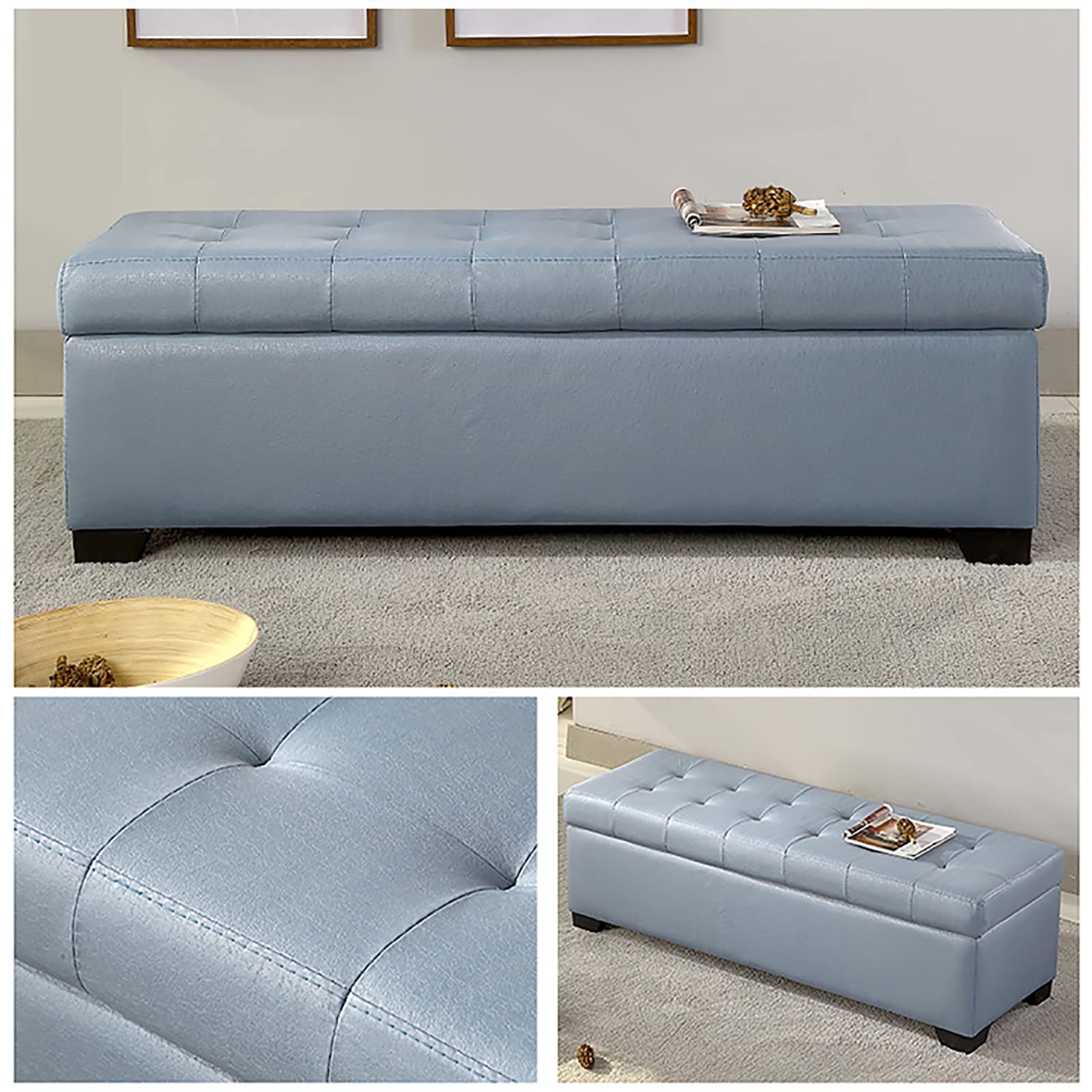 Moderno Cuero De Pu Acolchado Rectangular Con Tapa Banco De Almacenamiento Reposapiés Banco Para Dormitorio Sala De Estar Cambiar Zapatos Banco-Beige 90x45x40cm(35x18x16inch) (Azul 90x45x40cm(35x18x