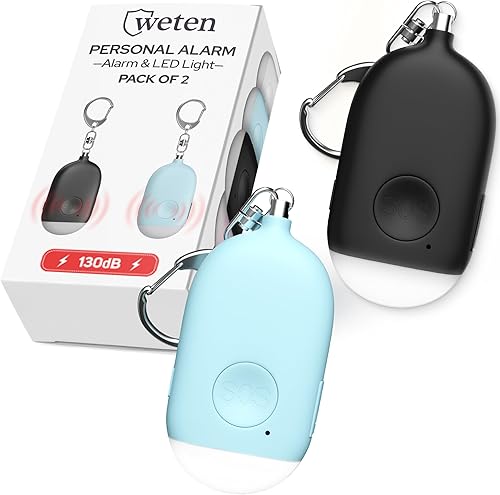 Weten Llavero de alarma personal recargable, sirena de 130 dB y luz LED, paquete de 2 alertas de seguridad personal para que las mujeres lo lleven,