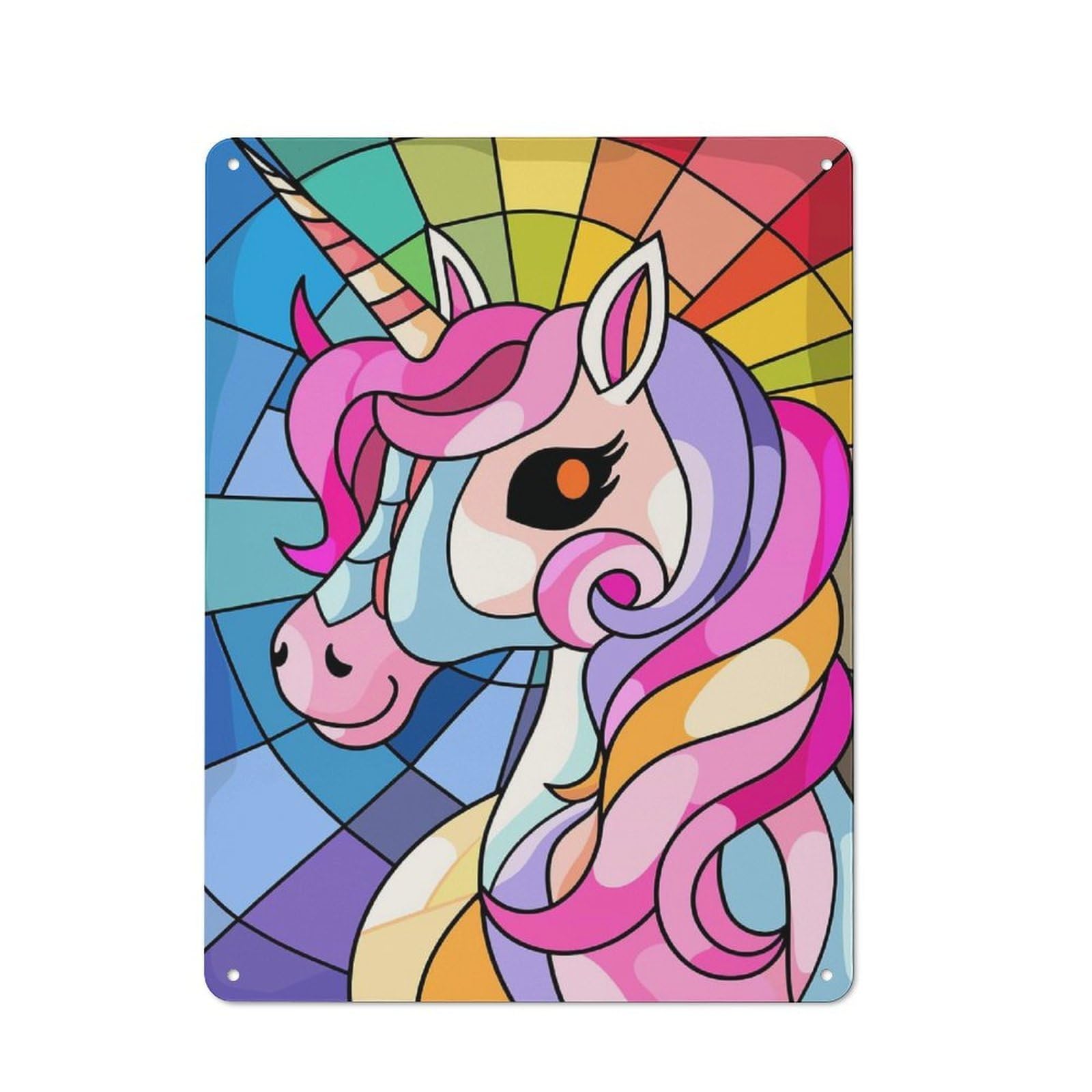 Junmoney Style-10 Stained Glass Unicorn Portrait Urban Metal Wall Decor 40X30cm, Industrial Metal Sign For Flat, Bar, Studio Or Gallery Wall