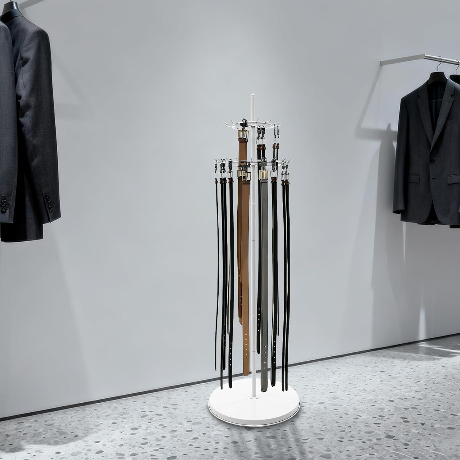 Floor Standing Belt Display Rack, 66.2" Metal Tie Rack & Scarf Stand - 360° Rotating Belt Hanger Organizer with Adjustable Feet, Heavy Duty Retail Display for Clothing Stores, Boutiques (White)