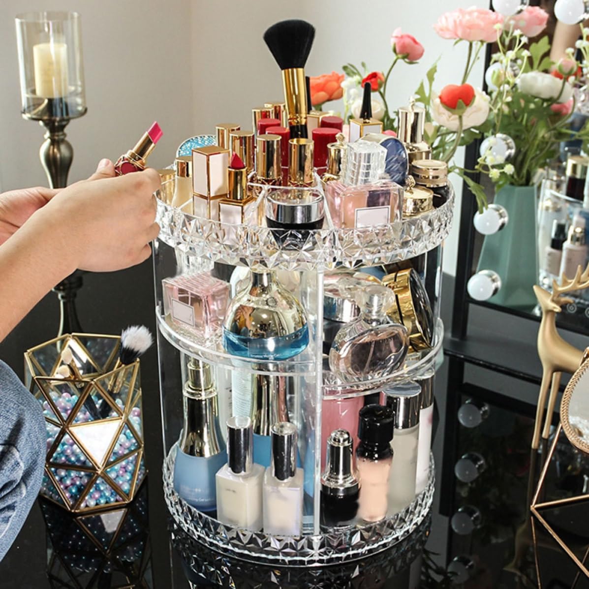 SHINEOFI Porta Cosmetici Girevole a 360 Gradi in Ps Base Stabile e Motivo a Diamante, Organizer per Make-up da Tavolo per Donna, Accesso Facile su Vanity e Ufficio