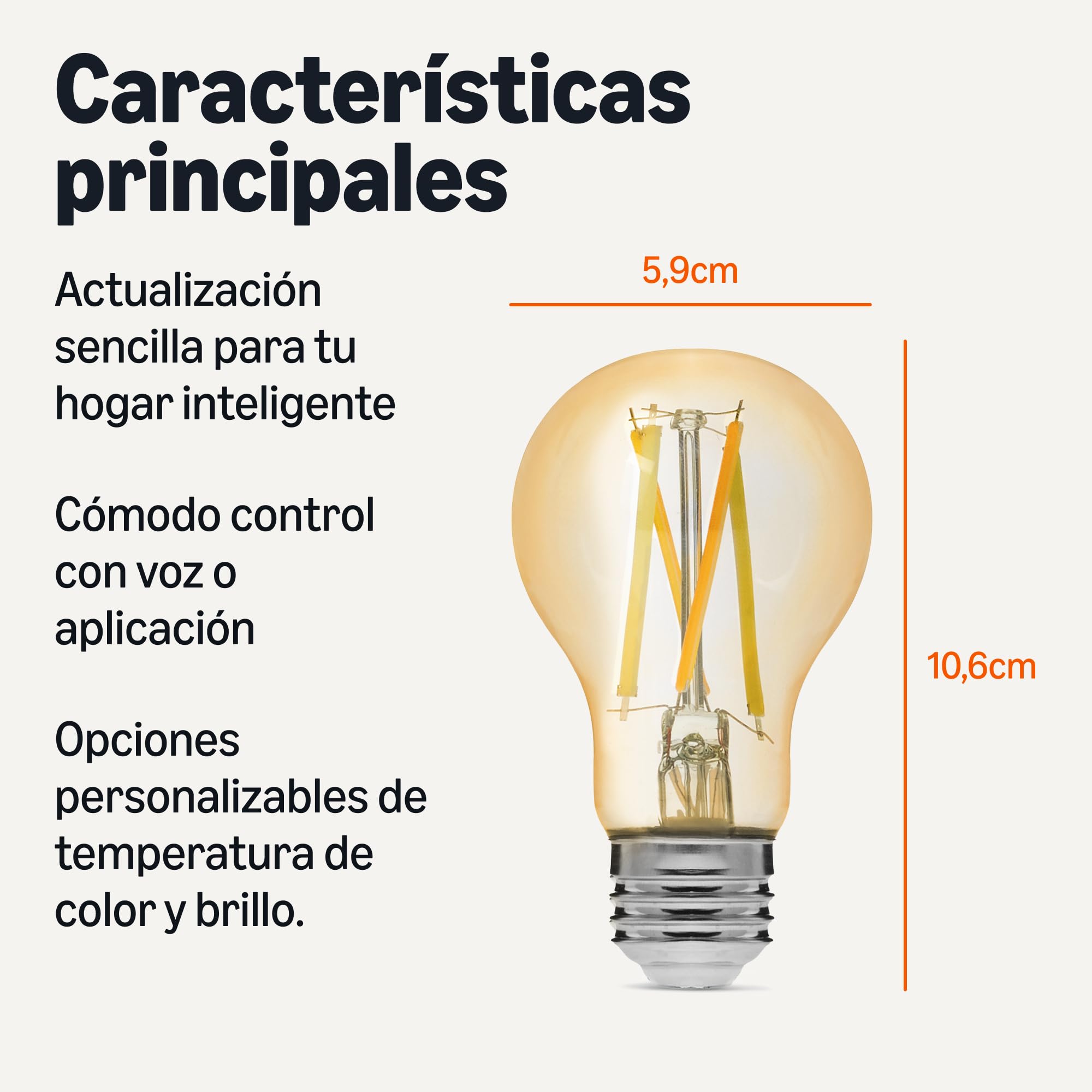 Amazon Basics Bombilla LED de Filamento Inteligente A60, Luz Blanca Ajustable, Wifi de 2,4 GHz, Paquete de 1