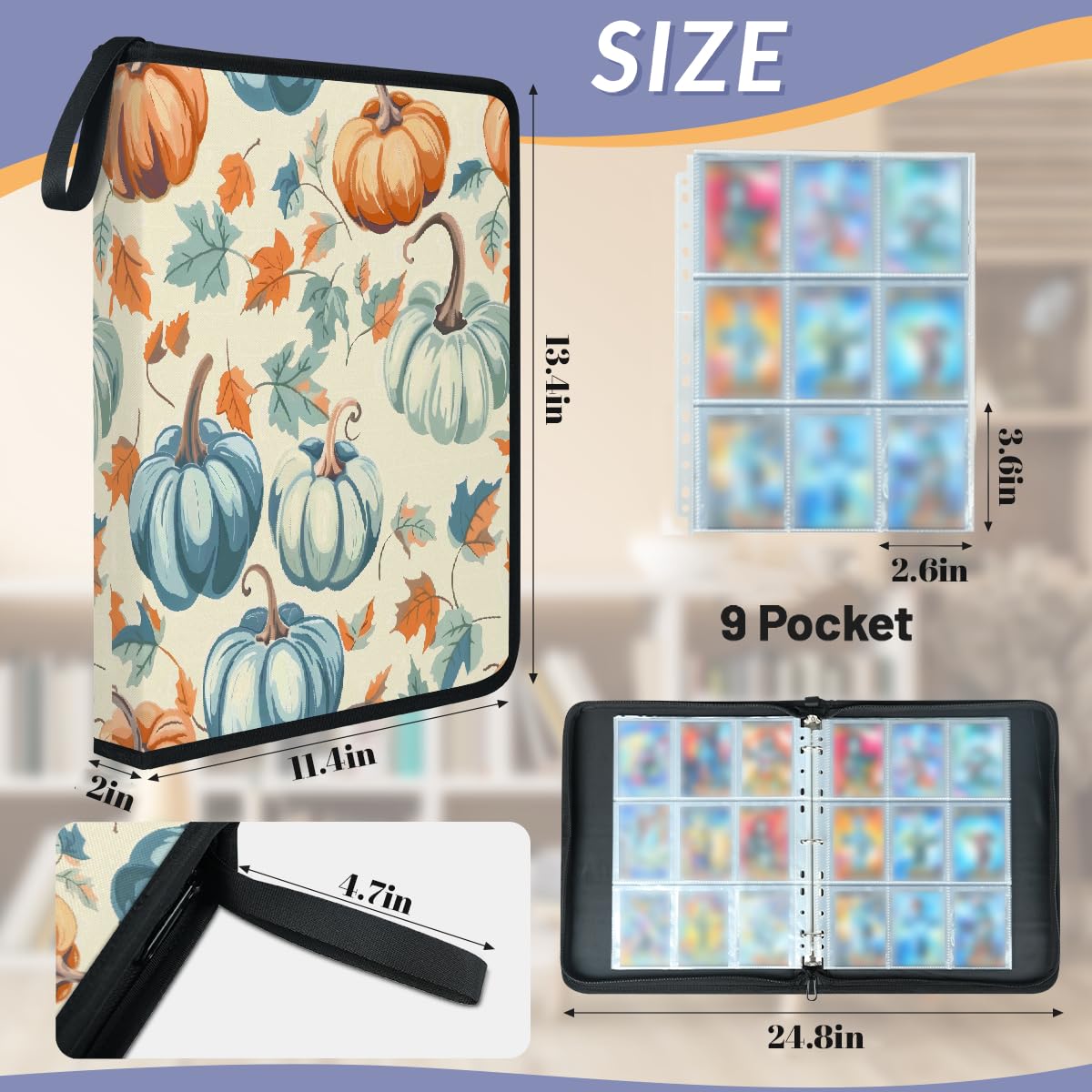 Carpeta de tarjetas coleccionables de 9 bolsillos, hojas de otoño, carpeta para tarjetas, carpeta de acuarela, álbum de tarjetas de calabaza con fundas extraíbles, libro de tarjetas impermeable con