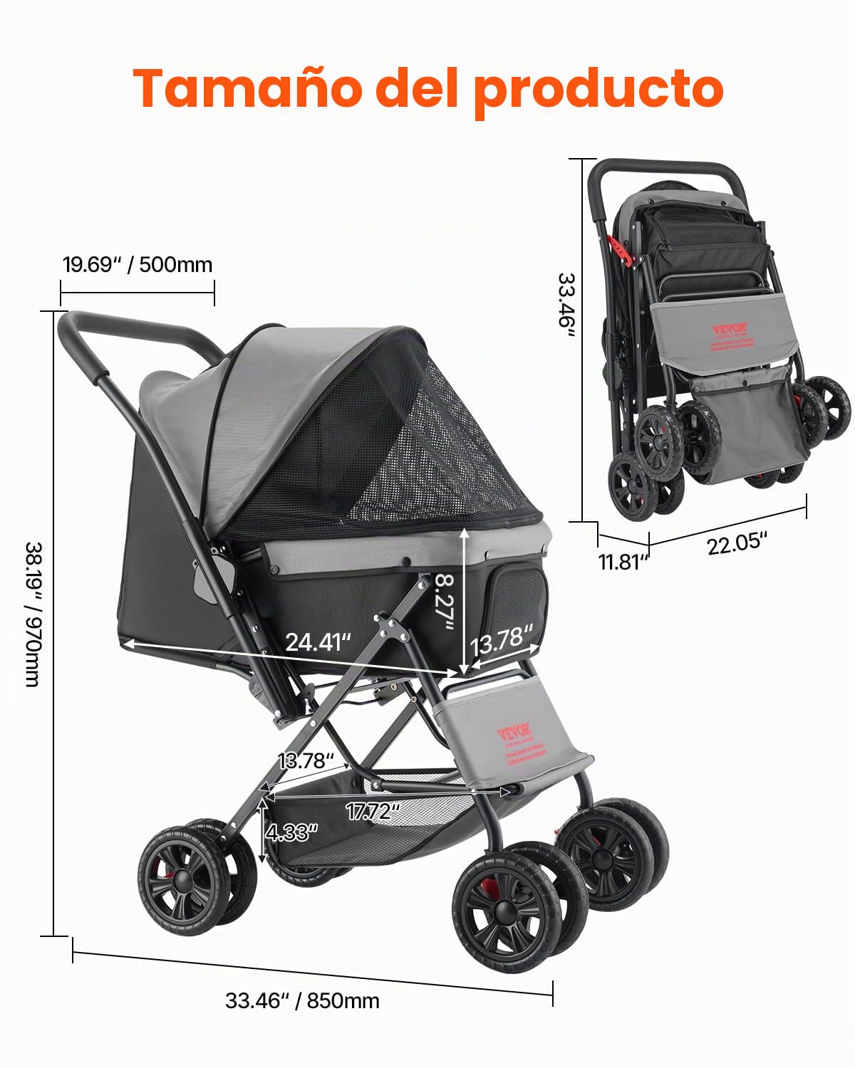 VEVOR Cochecito para Mascotas Capacidad 20kg Carrito Plegable para Perros de 4 Ruedas con Ventana de Malla Asa Reversible Cochecito Portátil Tela Oxford 600D con Freno para Mascotas Pequeñas Medianas