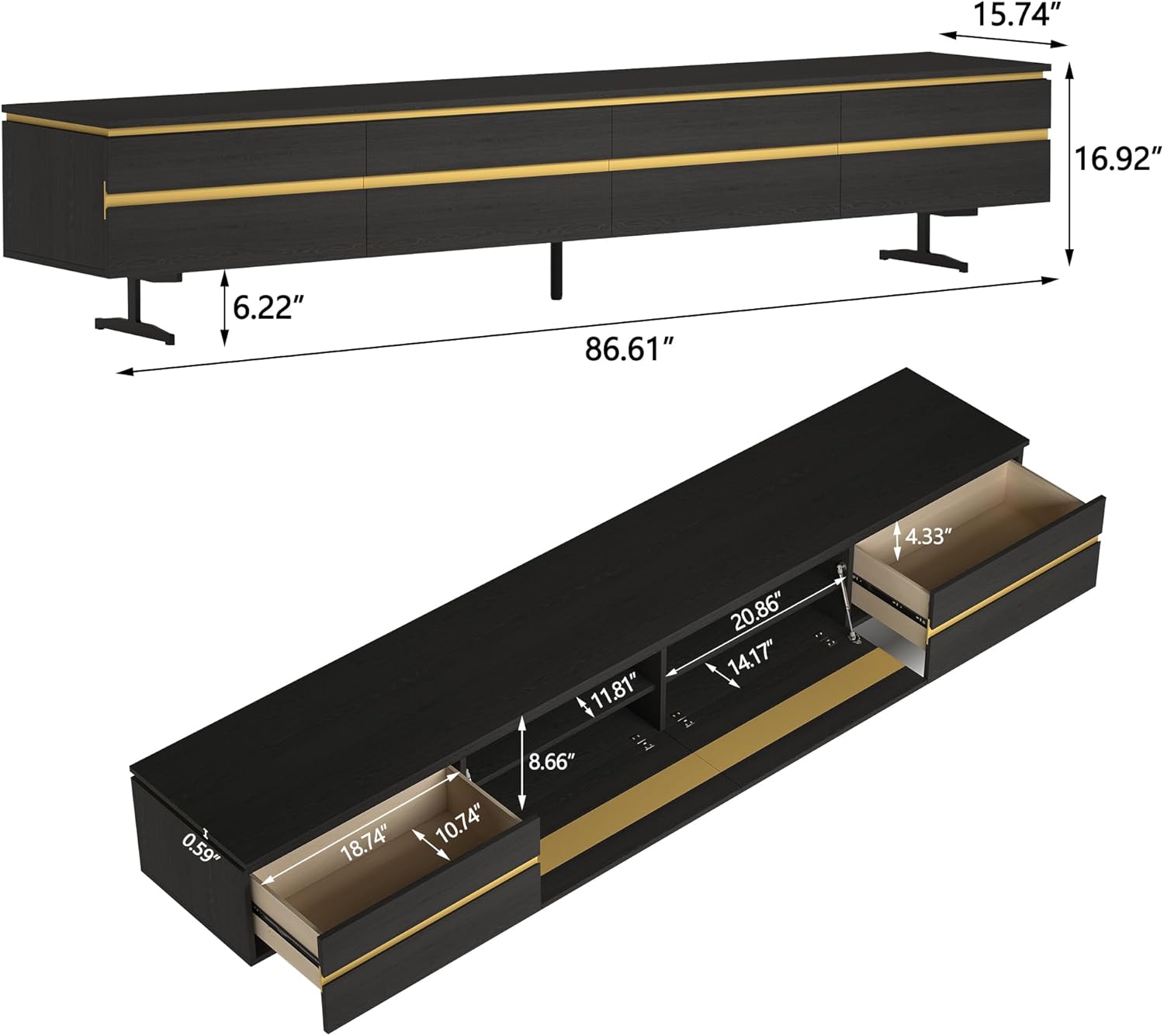 86.61" Mid-Century Modern TV Stand, Solid Wood Media Console for 80–90 Inch TVs, Storage Entertainment Center for Living Room or Bedroom, Black