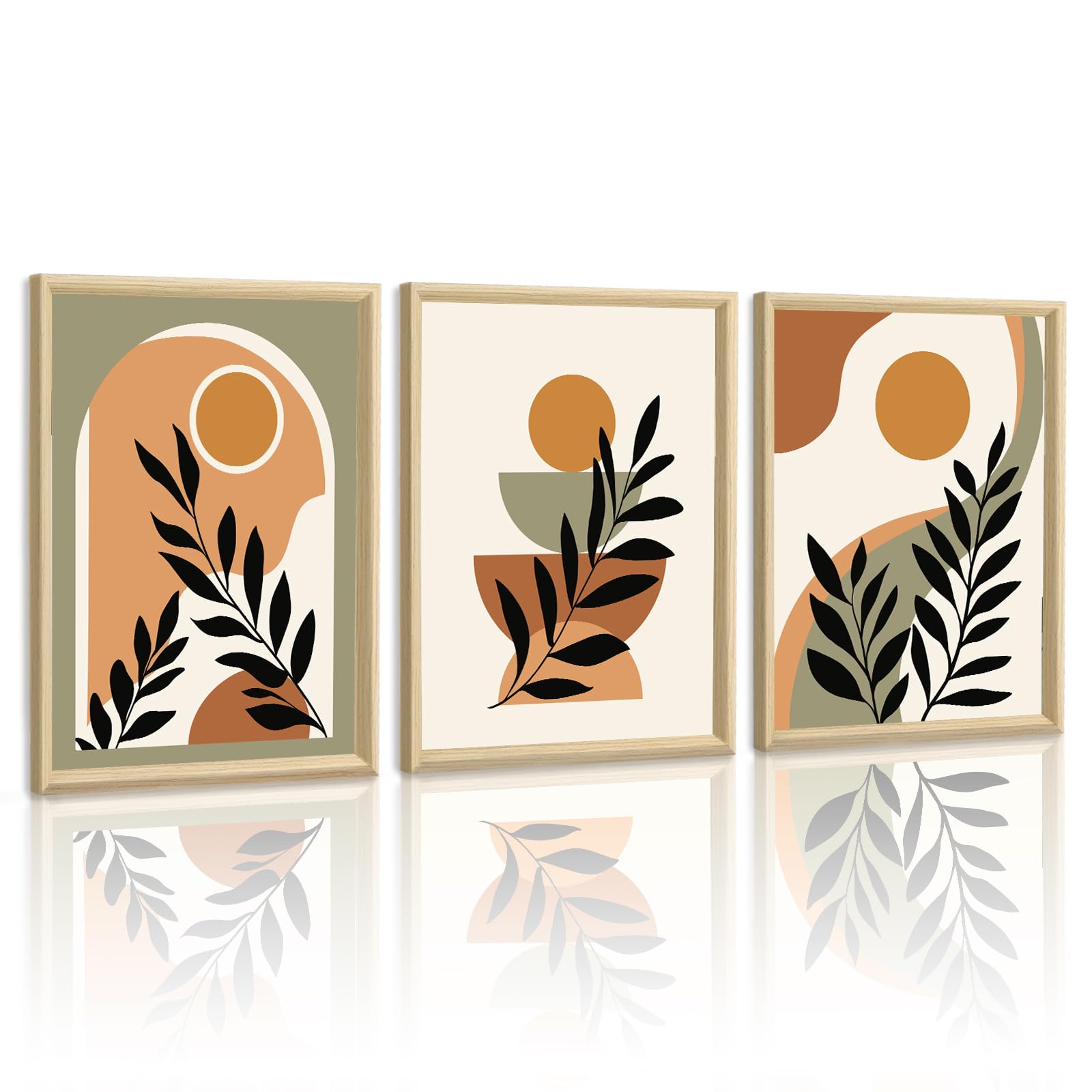 WENGTIAO Toile Peinture Encadré, Boho Abstrait Géométrique Tableau Decoration Murale, Vert Marron Orange Minimaliste Botanique Peinture pour Decoration Murale Salon Maison Deco Chambre 40x60cmx3