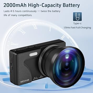 64MP 4K Vlogging Camera, 64GB Fast Autofocus Digital Camera with Dual Cam, Wide Lens, 2000mAh Battery and 18X Digital Zoom - Ideal for YouTube, Tiktok, Travel, Beginners Video Recording Creation