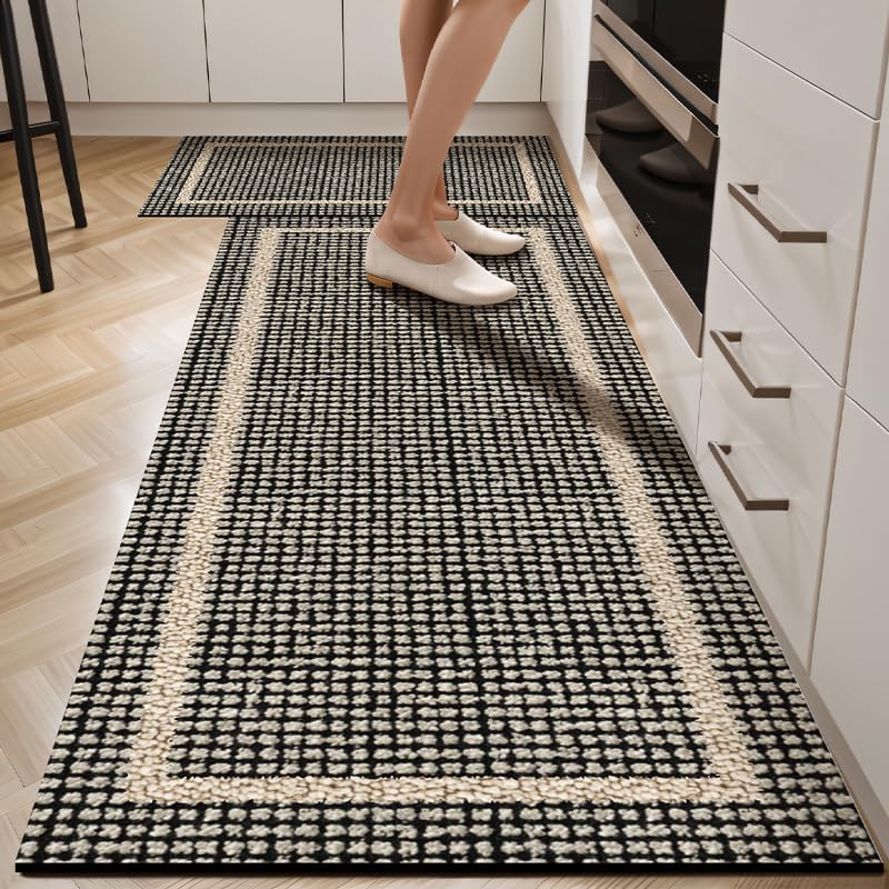 Tapis de cuisine lot de 2 imperméables et antidérapants à motif quadrillé noir et blanc