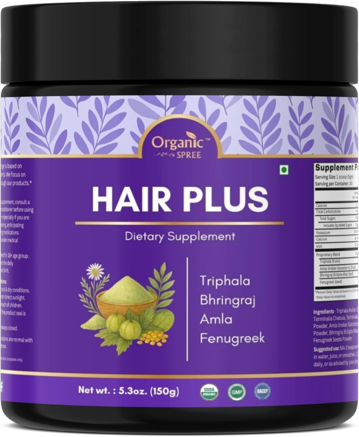 Organic Spree Hair Plus Powder – 150 gm (5.3oz) | USDA Organic Certified | Ayurvedic Blend of Bhringraj, Amla, Fenugreek, Triphala | Ayurvedic Hair-care*