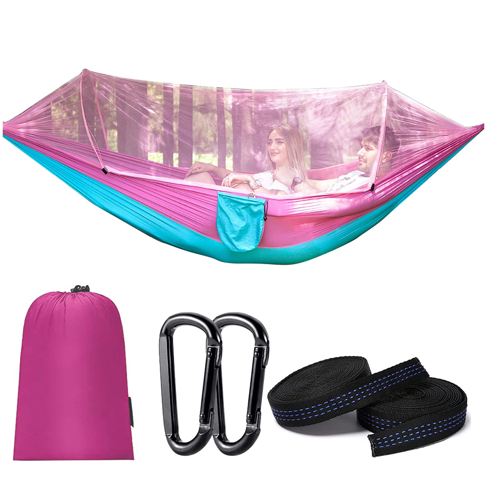 Hamac de camping portable avec moustiquaire, léger, capacité de 200 kg, pour les aventures en plein air (260 x 140 cm)