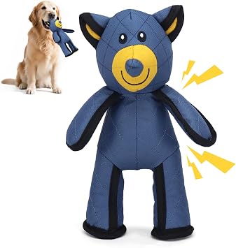 Extra Durable Bear Plush Dog Toy with Squeaker, Reinforced Stuffed Chew Toy for Small to Medium Dogs, Tough Plush Toy for Bored Puppies & Moderate Chewers Navy, S