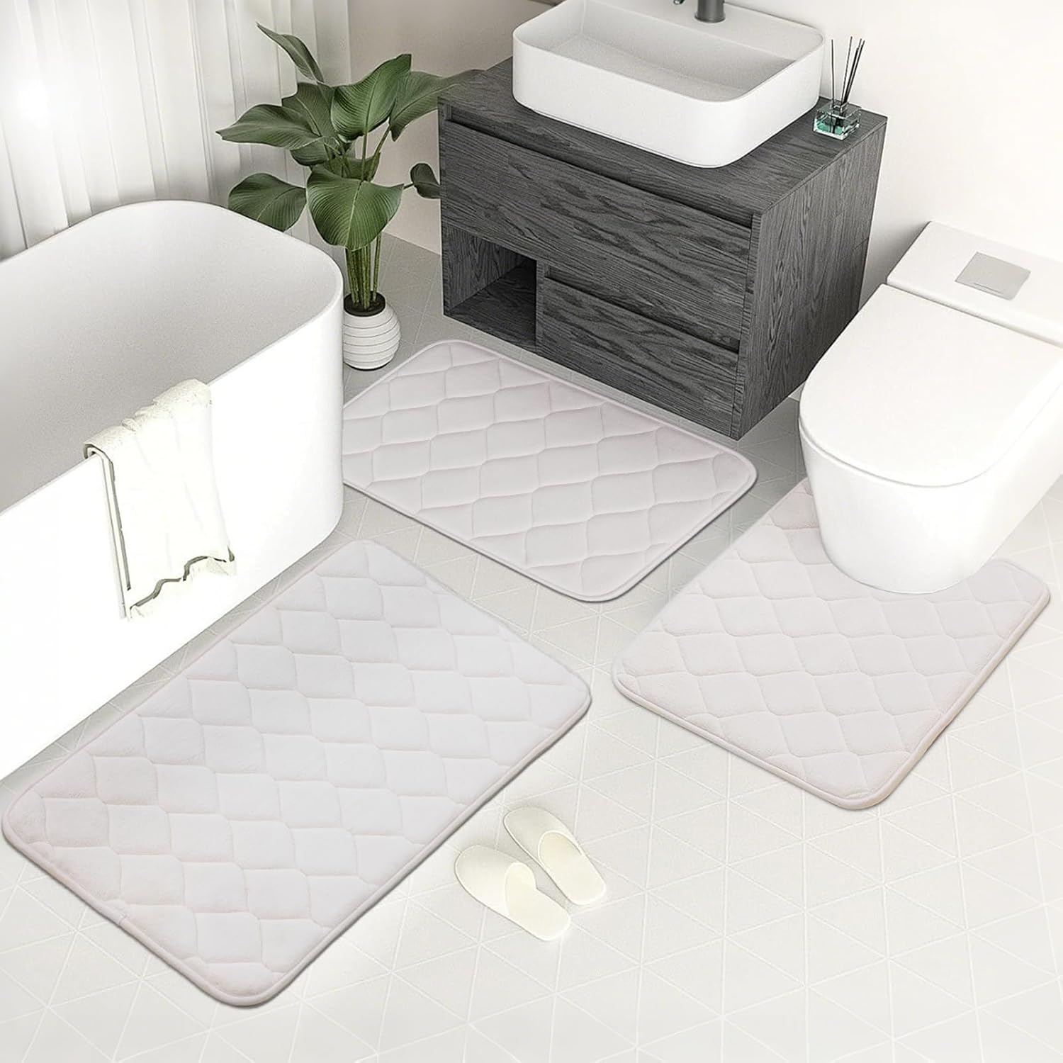 3Pcs Bathroom Rugs Set, Memory Foam Bath Mat Set, Soft Absorbent Non-Slip Bathroom Mats, Machine Washable Quick Dry Bathroom Decor - Perfect for Shower, Bathtub White