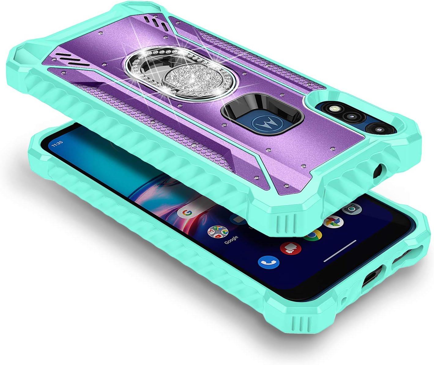 E-Began Case for Motorola Moto E (2020) with Tempered Glass Screen Protector (Full Coverage), Aluminum Magnetic Metal Built-in Diamond Ring Stand, Full-Body Protective Shockproof Case (Purple/Teal)
