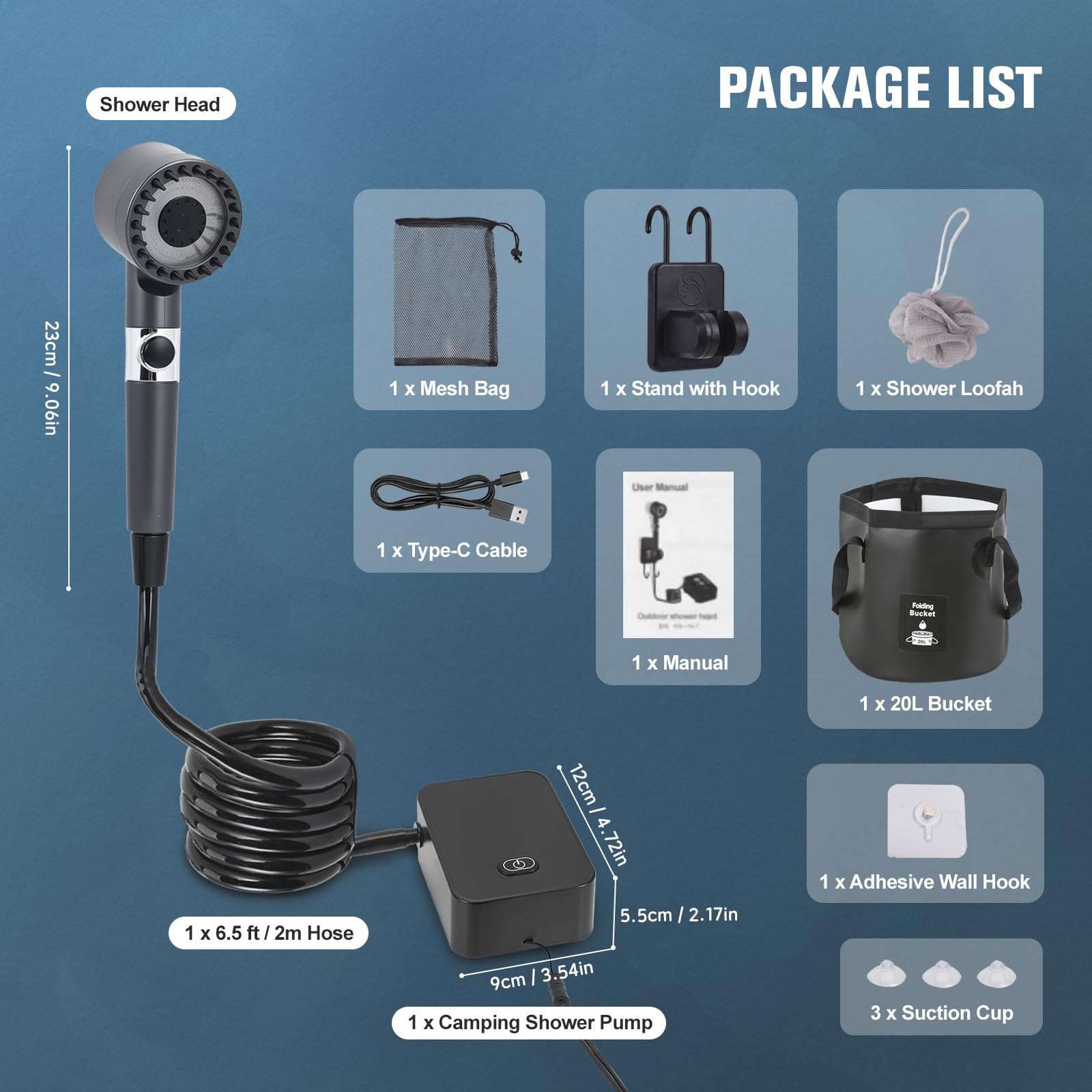 Doccia da campeggio ricaricabile | 8000 mAh | Display digitale | Serbatoio dell'acqua pieghevole da 20 l, Mobile Camping Doccia con filtro dell'acqua e spazzola, IPX8 impermeabile per campeggio