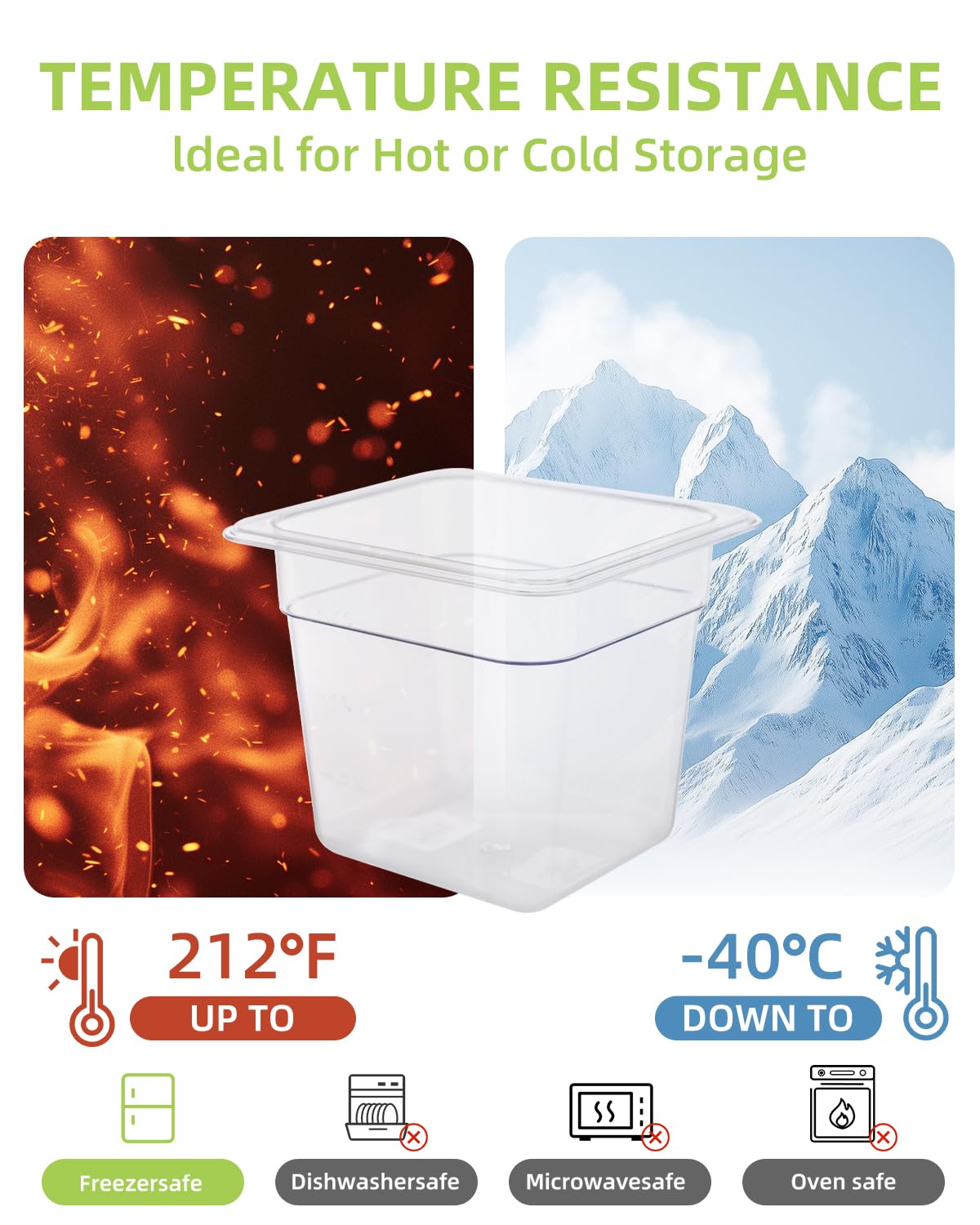 Lot de 6 poêles alimentaires avec couvercles, taille 1/6, incassables, empilables en plastique pour hôtel, fête, restauration, cuisine, préparation des repas, de -40 °C à 100 °C (2,22 L