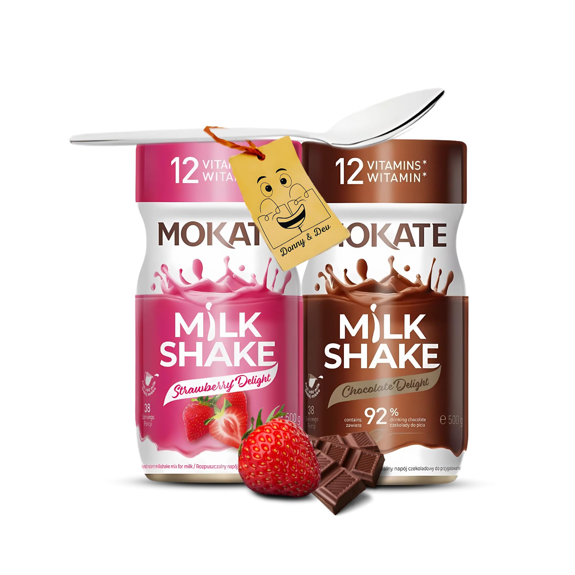 Milkshake Bundle Which Includes: 1x Mokate Chocolate Milkshake 1x Strawberry Milkshake Powder (500g of each) Instant Milkshakes with Added Vitamins Bundled With 1x Donny & Dev Stainless Little Spoon
