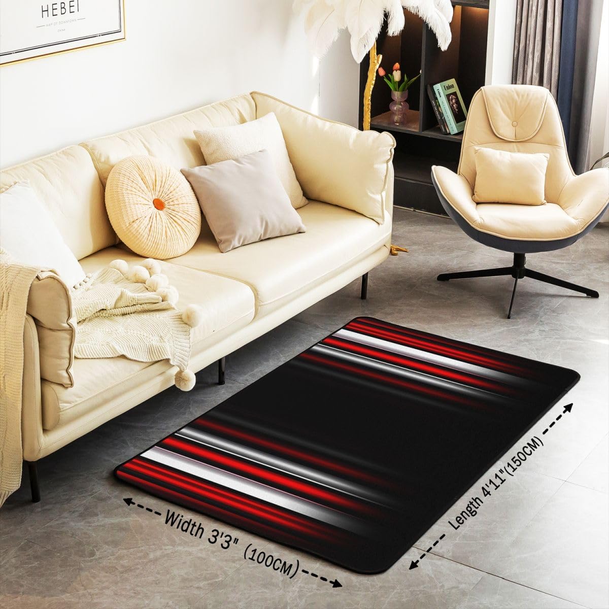 jejeloiu Geometric Strip Lines Area Rug 5x7 Inch for Girls Boys Kids Decorative Rug Setative Modern Rugs for Living Room Bedroom Abstract Gradient Style Red Black White Indoor Floor Mat