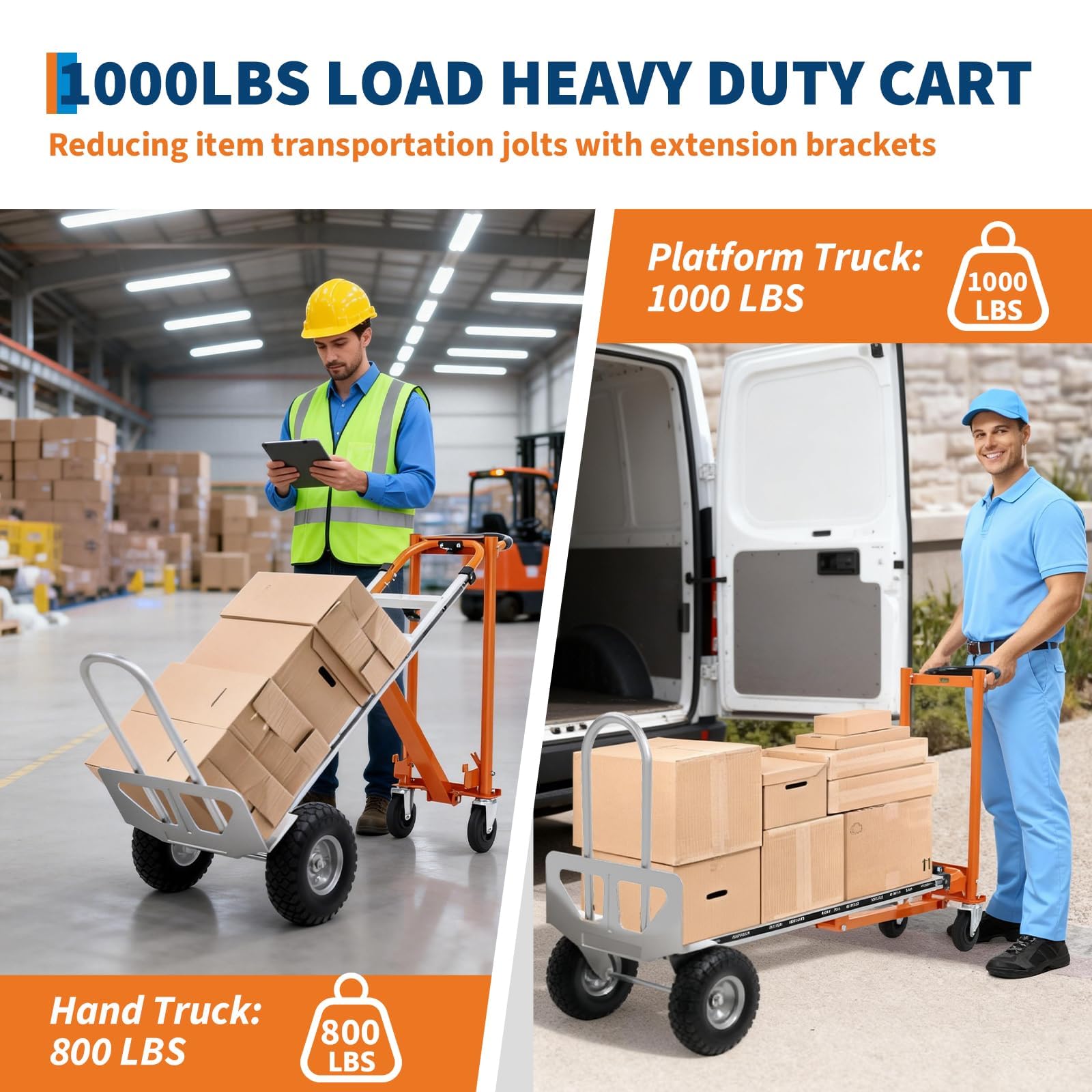 4-in-1 Schwerlast-Plattformwagen aus Aluminium – 1000 kg Tragkraft – Klappbar & vielseitig – Ideal für Haushalt, Lager, Büro, Logistik – Mit Rollen – Farbe: Orange