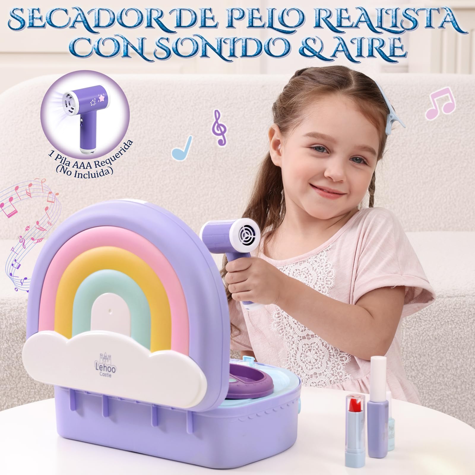 Lehoo Castle Juguete de Tocador para Niñas de 3, 4 y 5 Años, Tocador Portátil 2 en 1 con Kit de Maquillaje de Juguete, Tocador Infantil con Luces y Música, Regalo de Cumpleaños para Niñas a Partir
