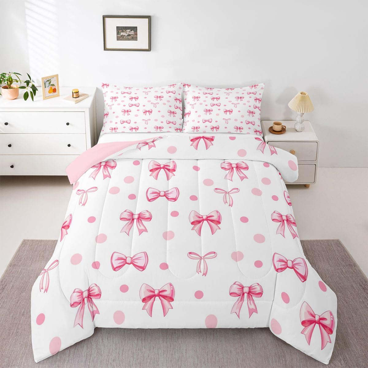 Erosebridal Pink Bow Comforter Set Full Size for Girls Kids Coquette Bowknot Bedding Set Cute Kawaii Preppy Room Decor, Pink and White Bow Tie Bed Set Ribbon Bows Comforter Sets Soft Breathable