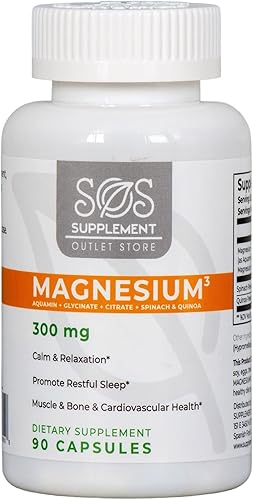Complejo de magnesio SOS - Cápsulas de 300 mg de glicinato de magnesio, Aquamin Magnesio y Citrato de Magnesio para relajación muscular y sueño,