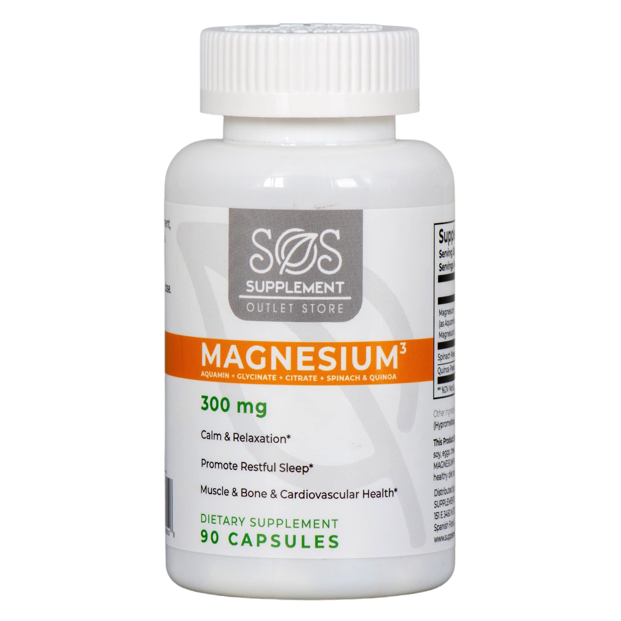 SOS Magnesium Complex 300mg with Magnesium Glycinate, Aquamin and Citrate for Muscle Relaxation and Sleep - High Absorption Vegan Non-GMO Capsules, 45 Servings