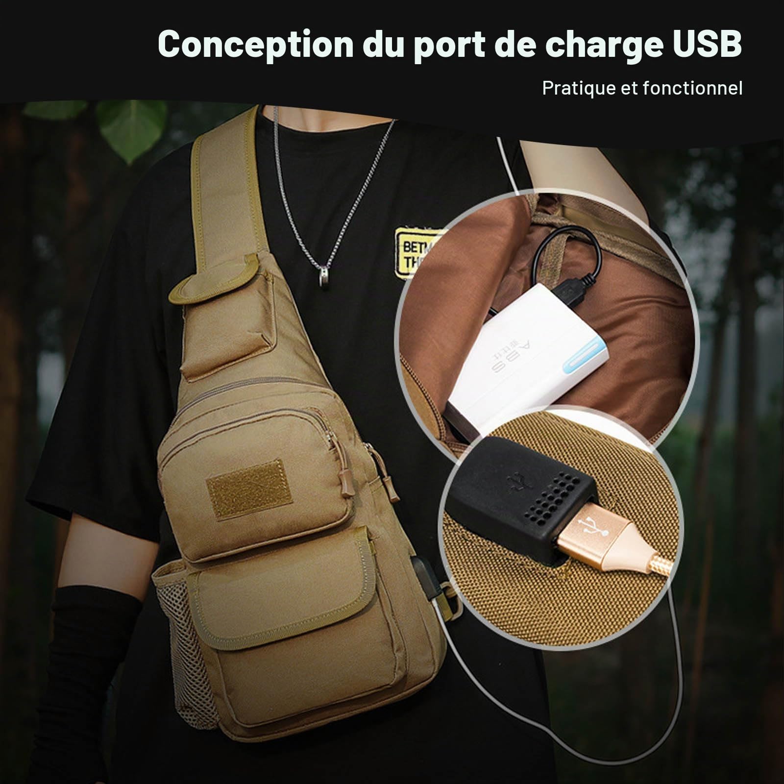 FANDARE Sac à Dos Militaire Poitrine Tactique Homme Femme Randonnée avec USB et Bandoulière Sacoche d’Epaule pour Voyage, Sports, Travers, Cyclisme et Moto