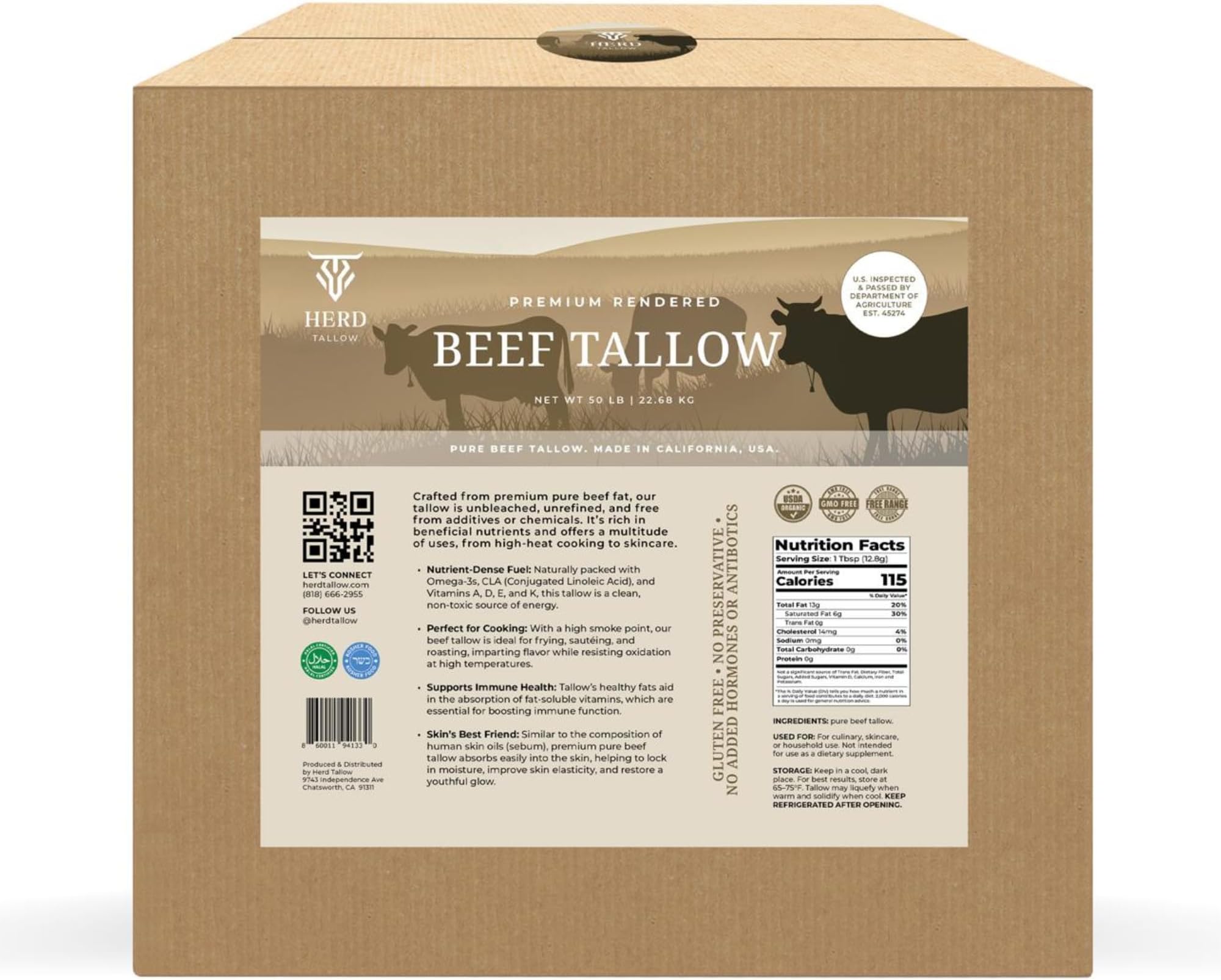 Grass-Fed and Finished Beef Tallow For Cooking, 50 lbs, Non-GMO, Keto-Friendly
